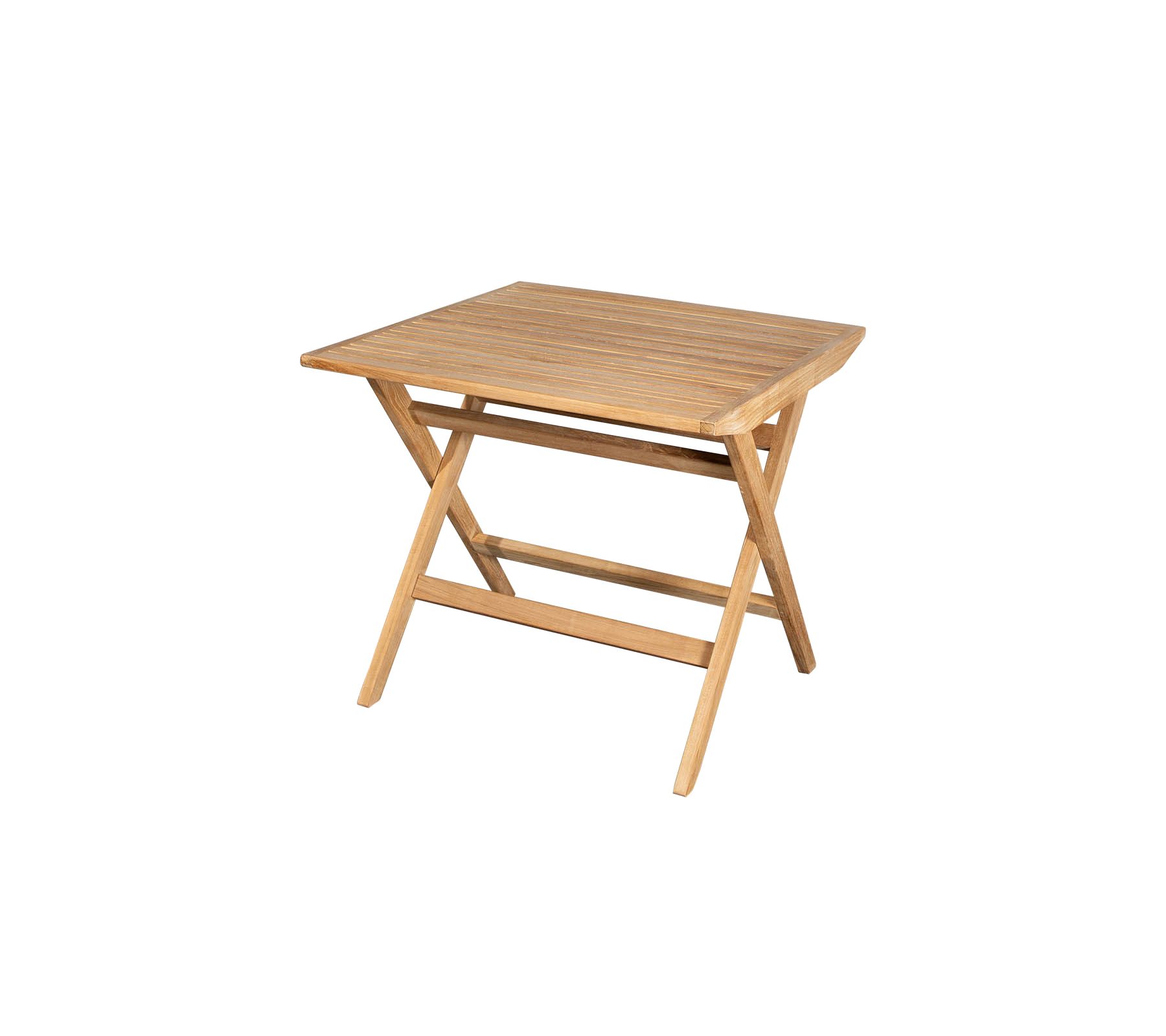 Kompakt træbord med en lameloverflade og krydsben, perfekt til alsidig brug i forskellige omgivelser.