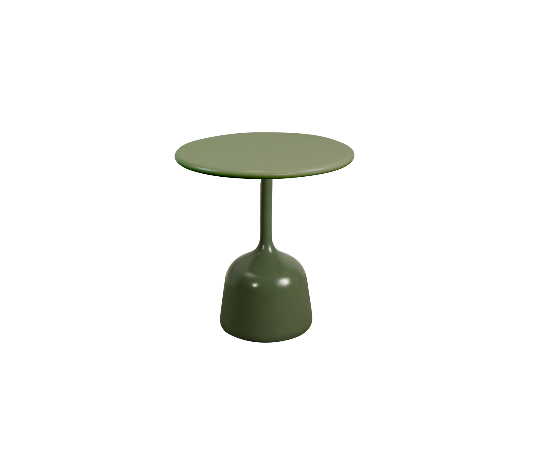 Lille rund bord med et enkelt design og en solid grøn finish, der har en glat top understøttet af en rund base.