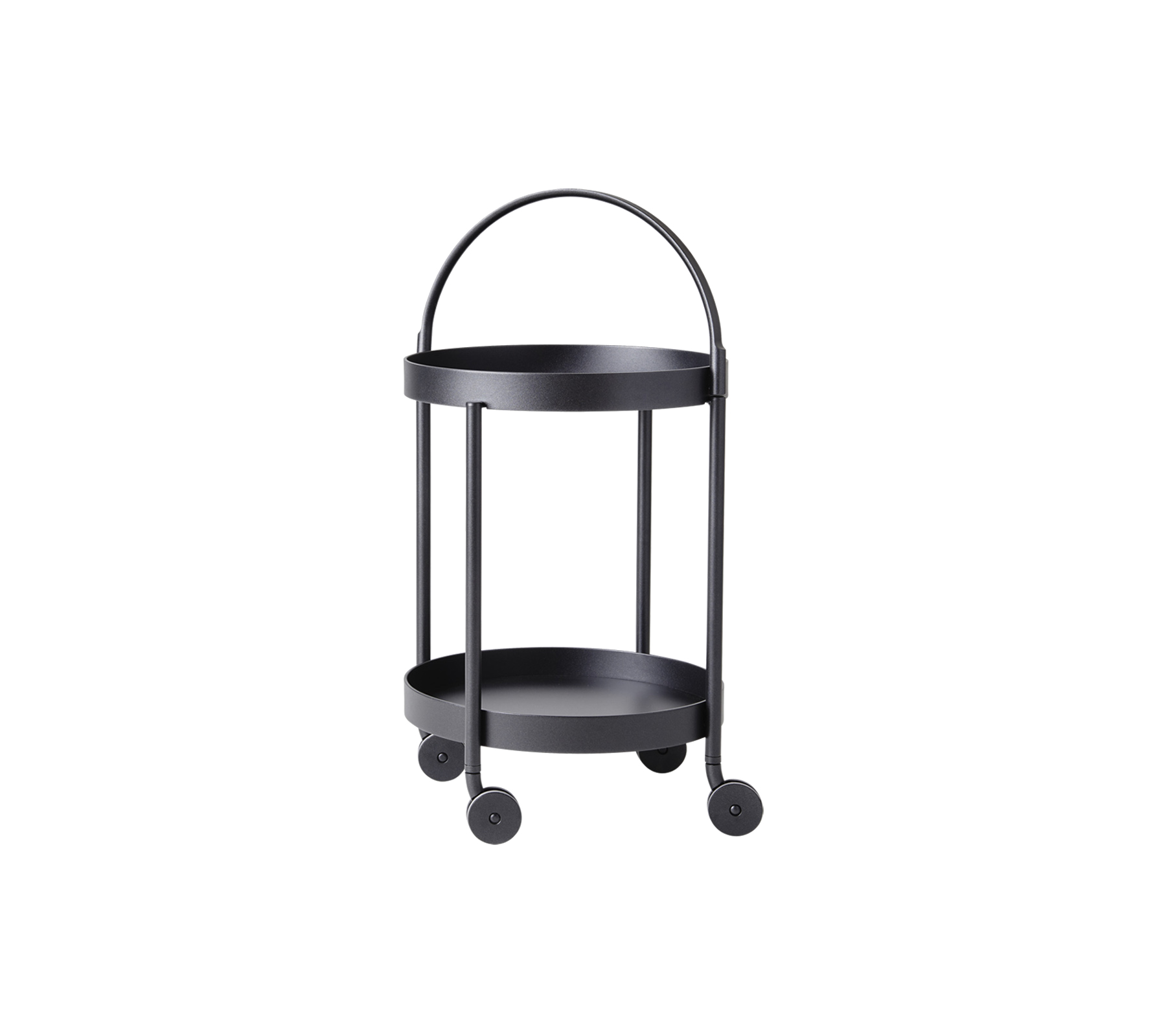 Sort, to-buyet serveringsvogn på hjul med et buet håndtag og minimalistisk design, ideel til alsidig opbevaring og præsentation.