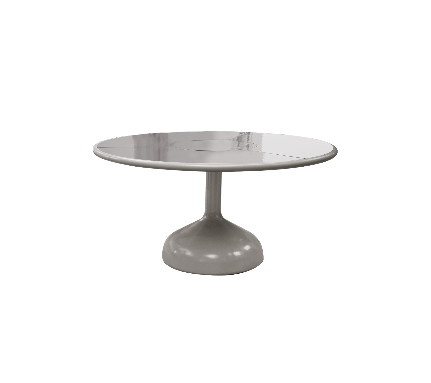 Rundt bord med en glat, blank overflade og en robust fod, der viser et moderne og minimalistisk design.