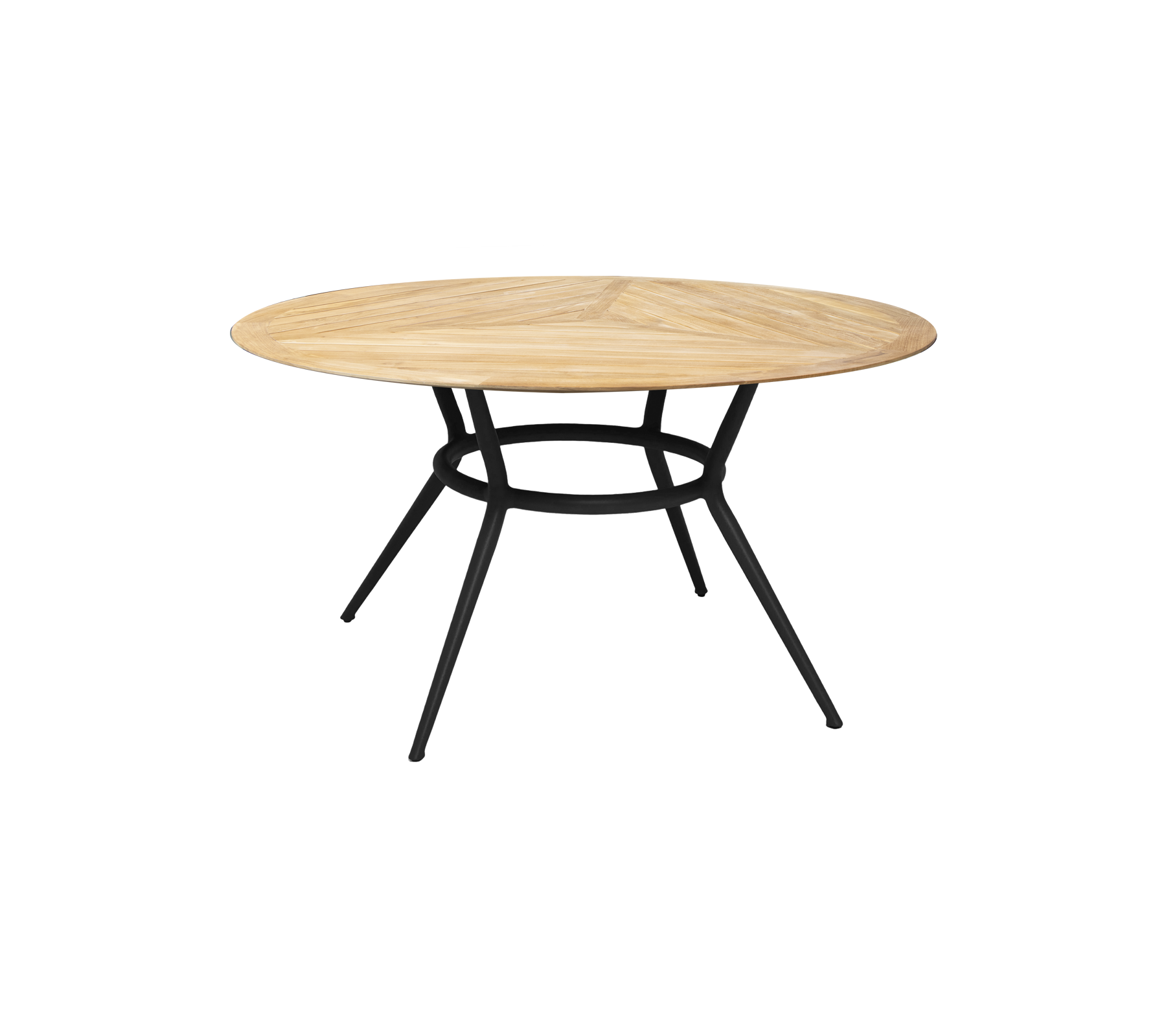 Rundt træbord med en lys træfinish og en sort metalbase, der har et slankt og moderne design.