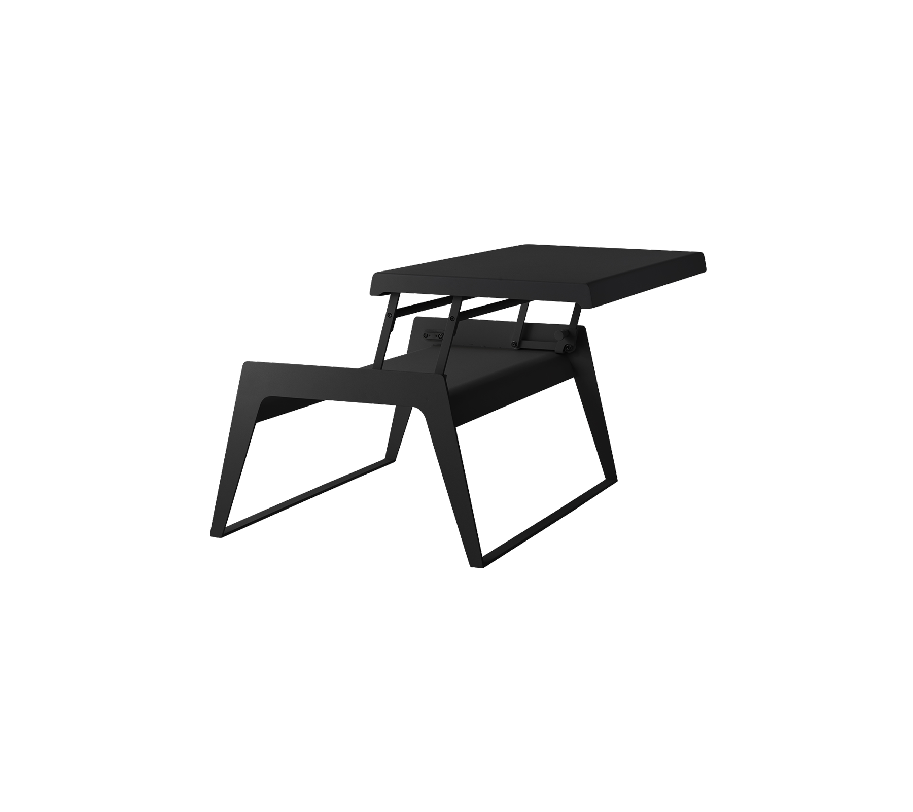 Stilren sorte bord med et moderne design, der har en rummelig overflade og unikke vinklede ben. Ideel til nutidige rum.