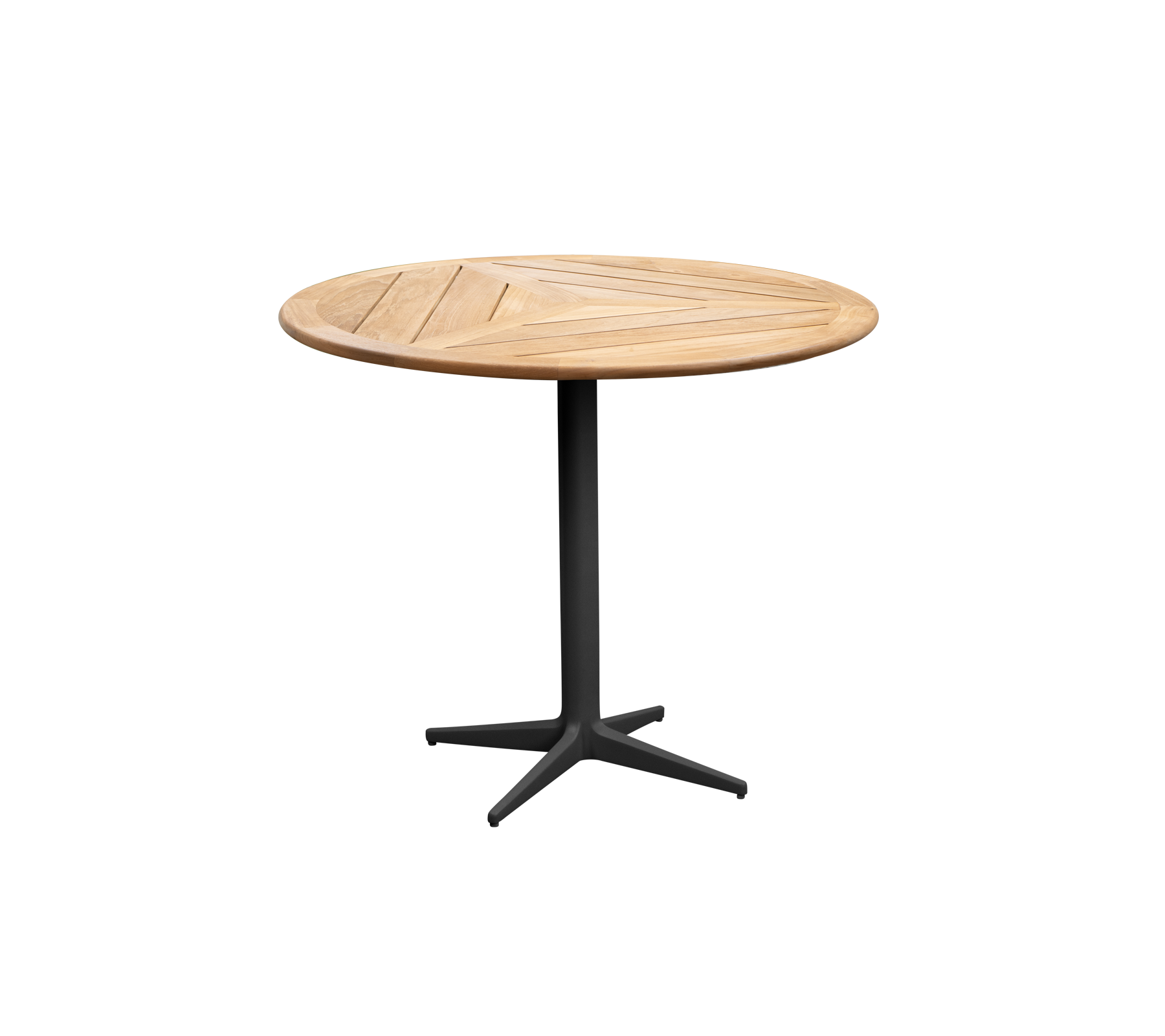 Rundt træbord med et elegant design og en robust sort base, perfekt til forskellige omgivelser. Ideelt til afslappet spisning eller samvær.