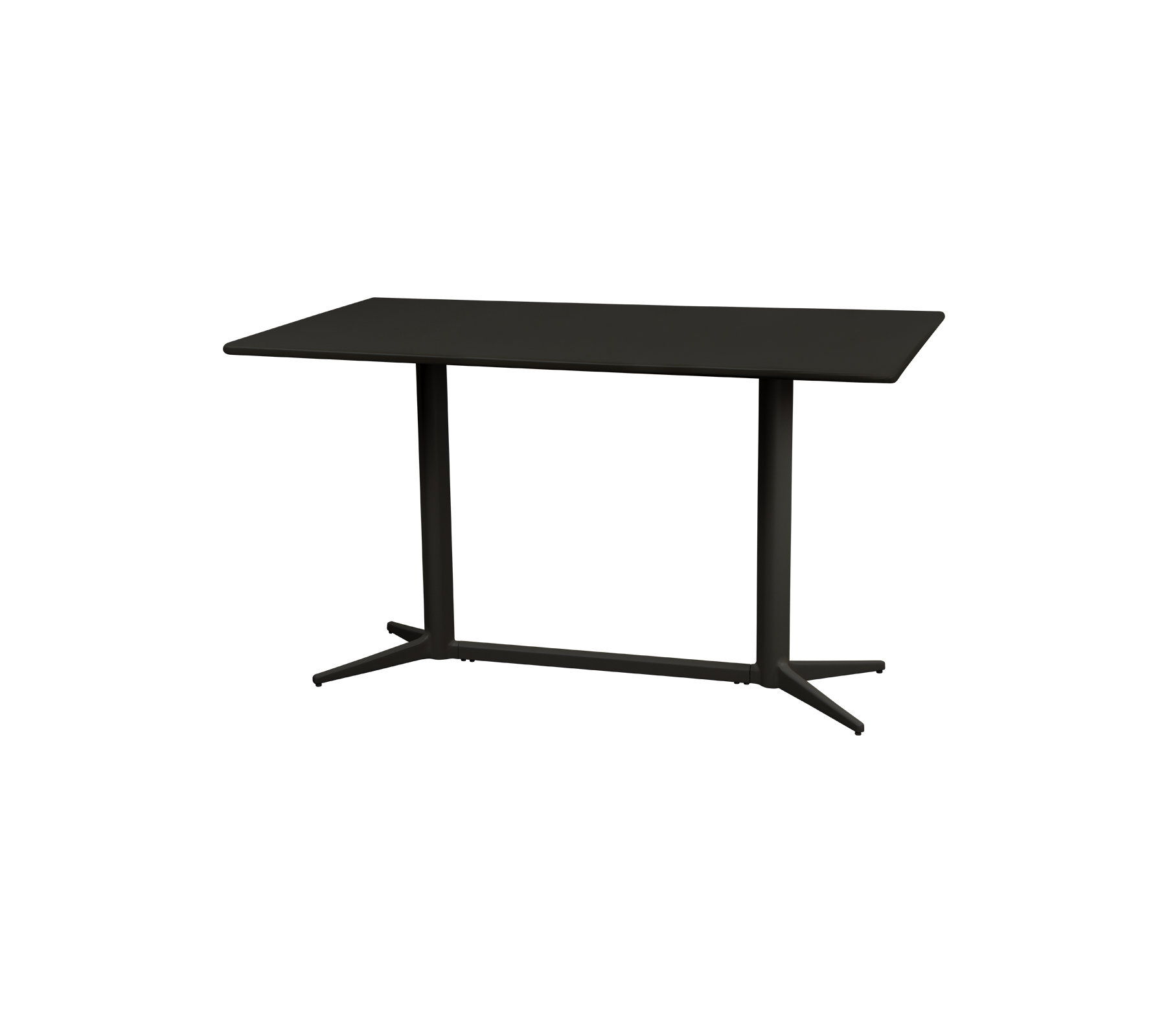 Moderne bord med en slank rektangulær overflade og robuste ben, der har et minimalistisk design i en mørk finish. Ideelt til forskellige rum.
