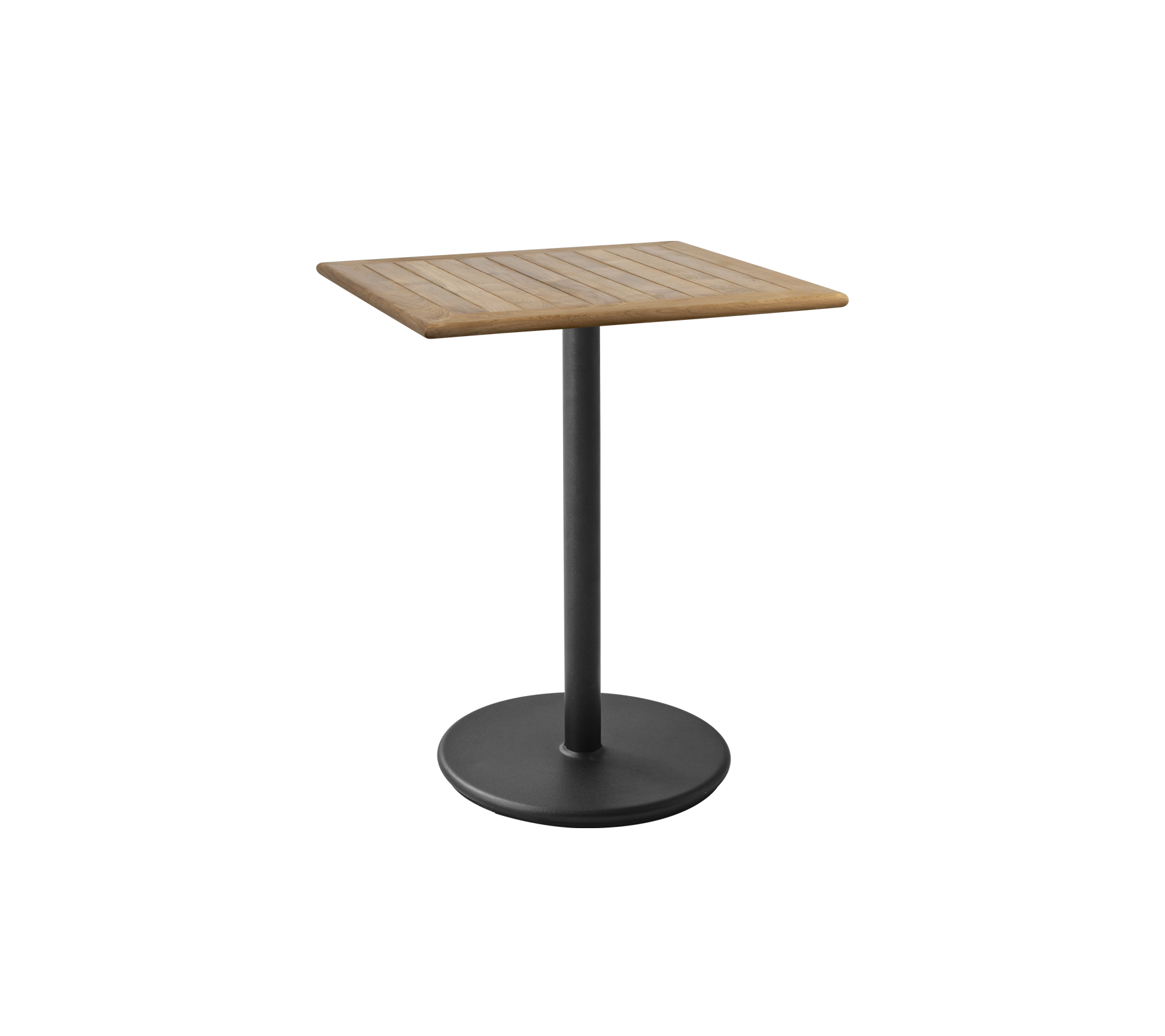 Firkantet bord med en lameltrætop og en slank sort pedestalfod, ideel til forskellige indretninger og stilarter.