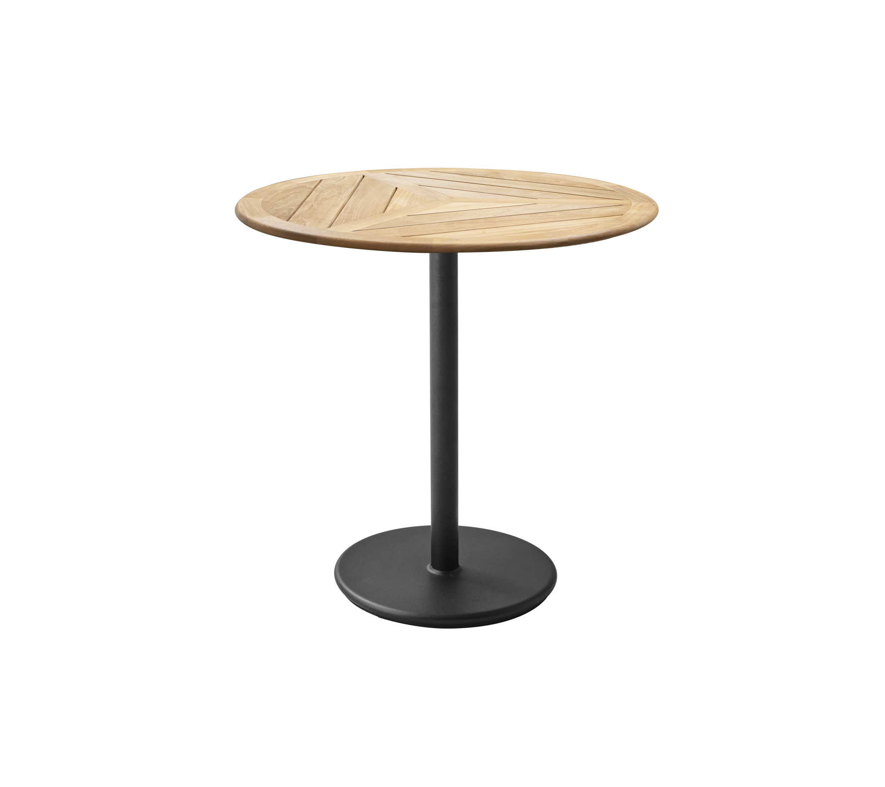 Rundt bord med en trætopp, der har et geometrisk design og en metalbund med mat finish. Ideelt til afslappet spisning eller sammenkomster.