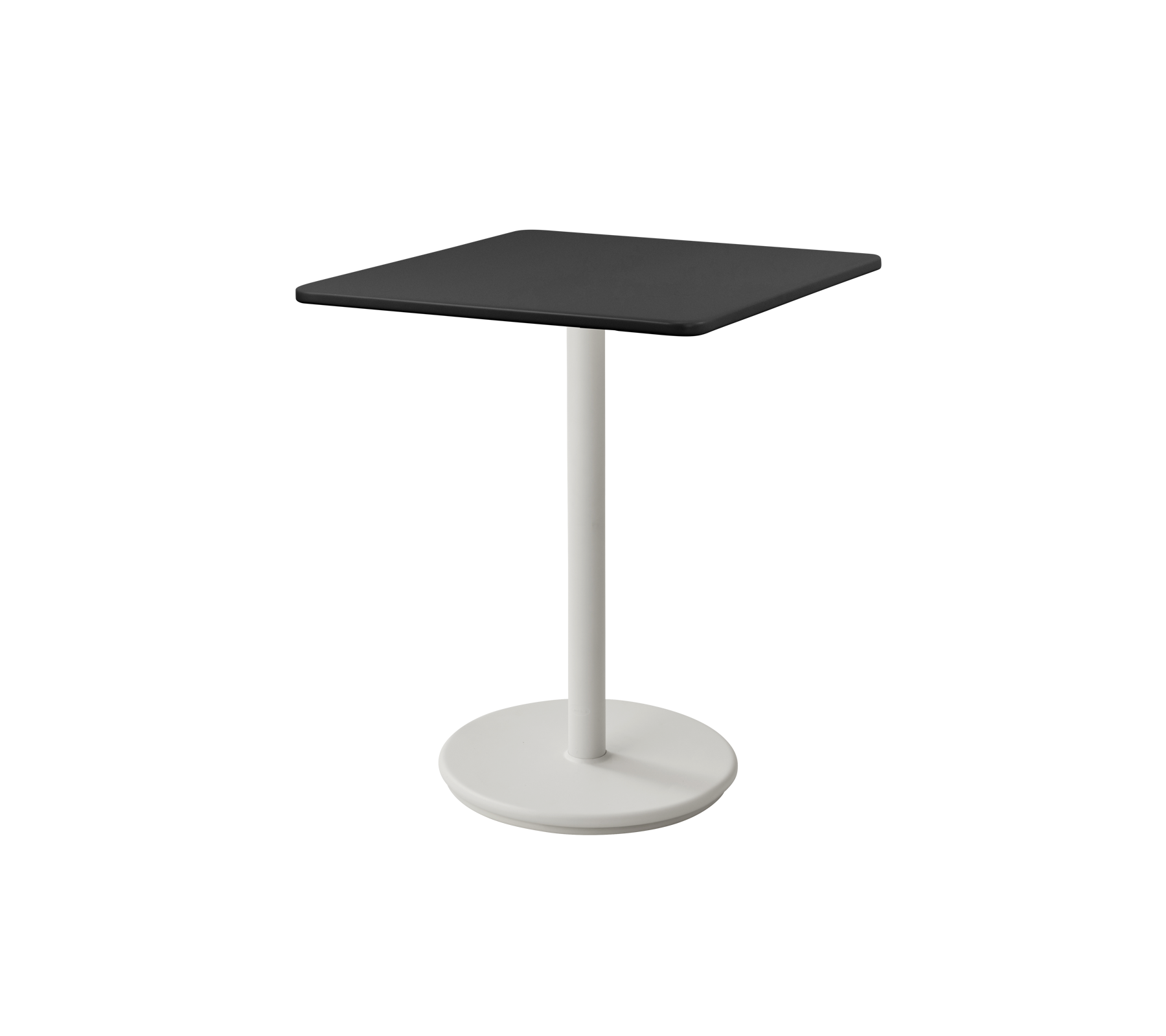 Sort kvadratisk bord med et elegant design, støttet af en hvid cirkulær base. Ideelt til moderne rum.
