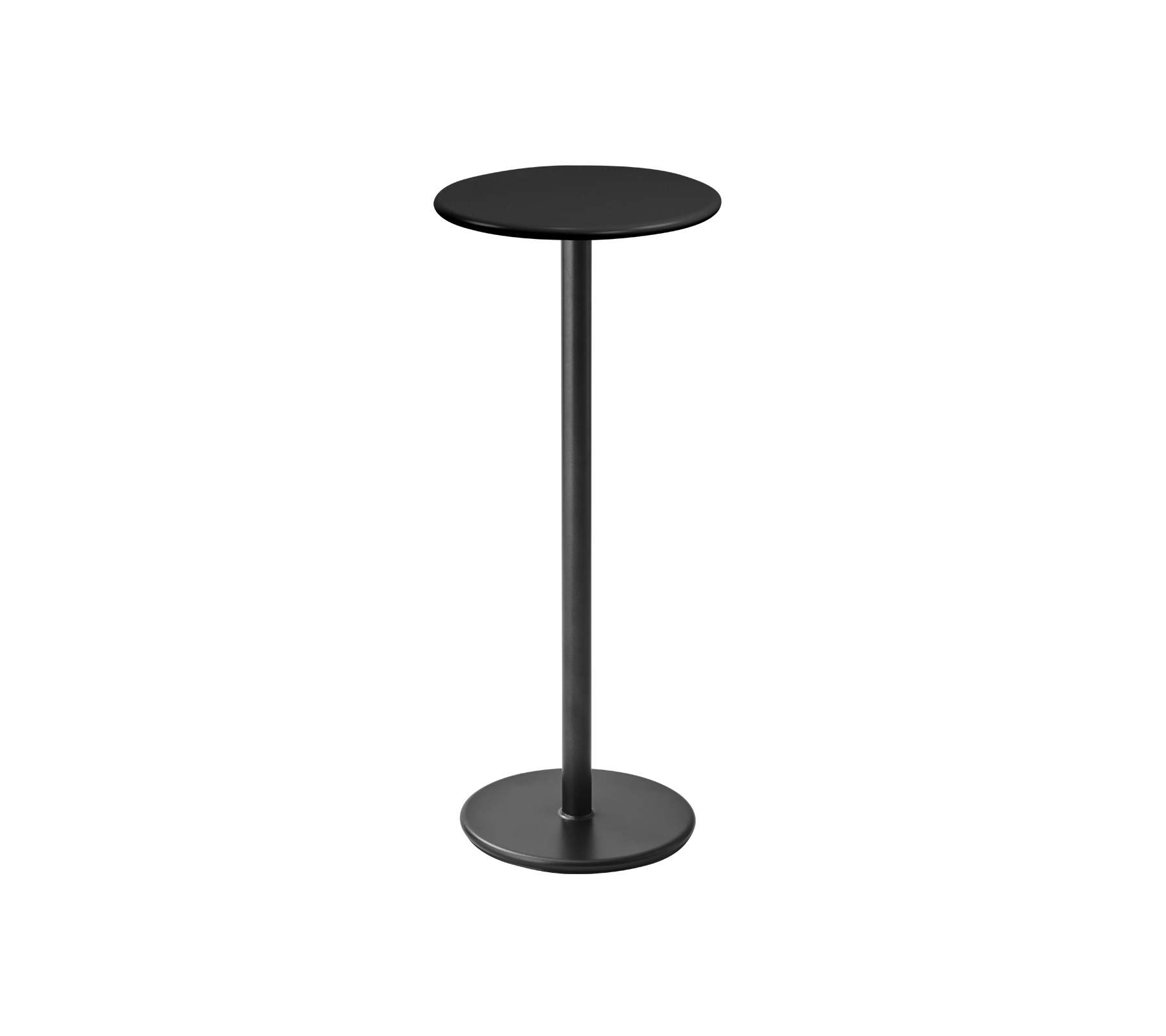 Et slankt, moderne rundt bord med en sort top og en slank sort pedestalkonstruktion, ideelt til afslappet spisning eller drinks.