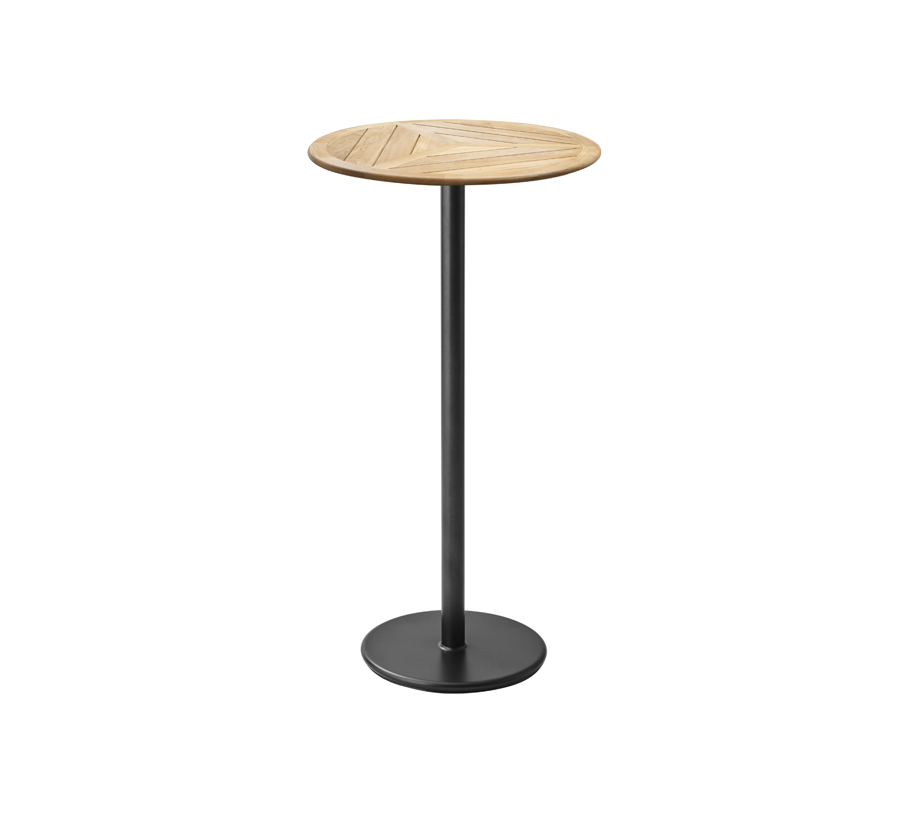 Stilfuld rund bistrobord med et trætop og en slank sort base, perfekt til afslappede sammenkomster eller som et moderne accentstykke.