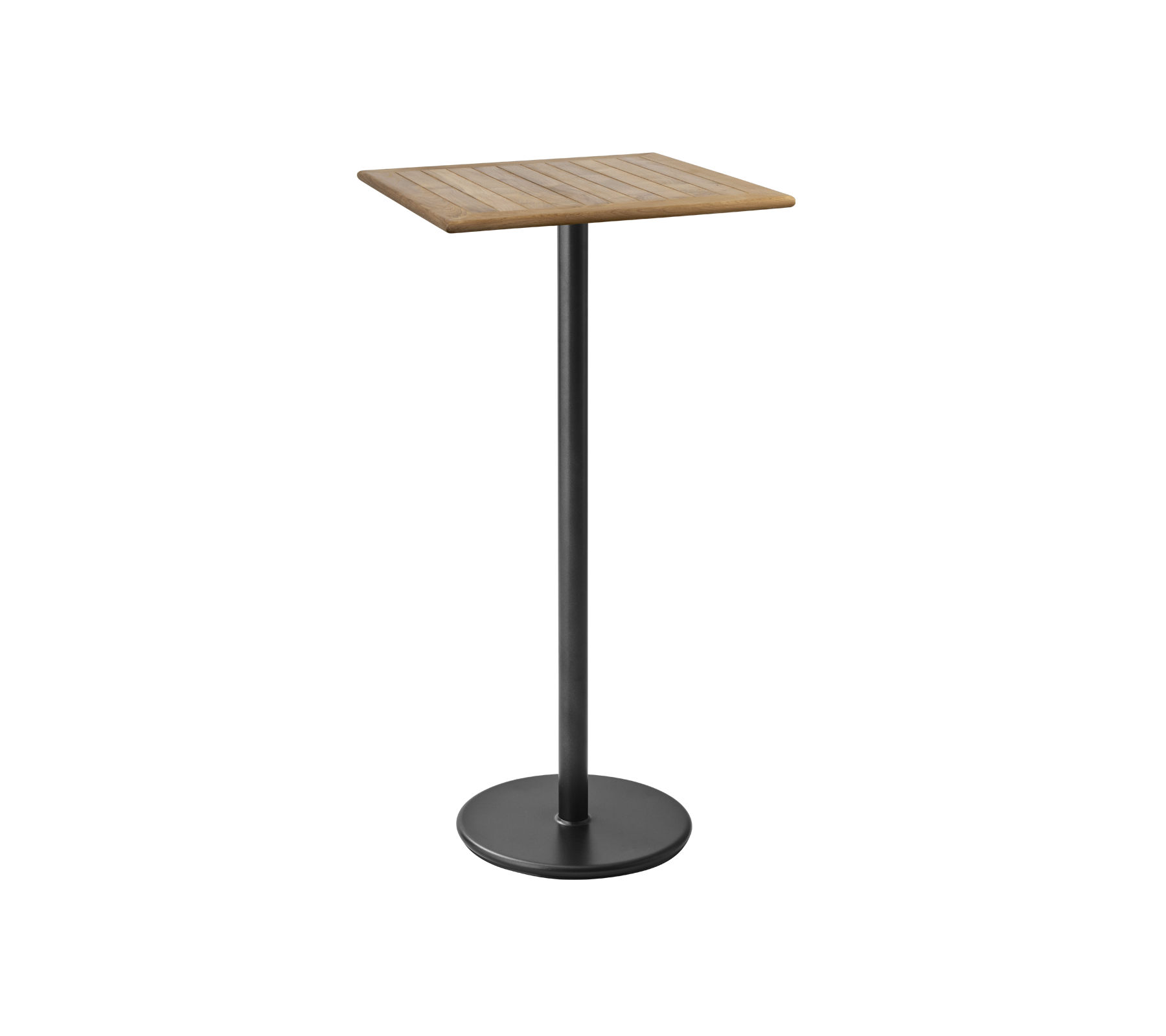Et slankt, moderne bord med en kvadratisk træplade og en solid sort metalbund, perfekt til uformel spisning eller drinks.