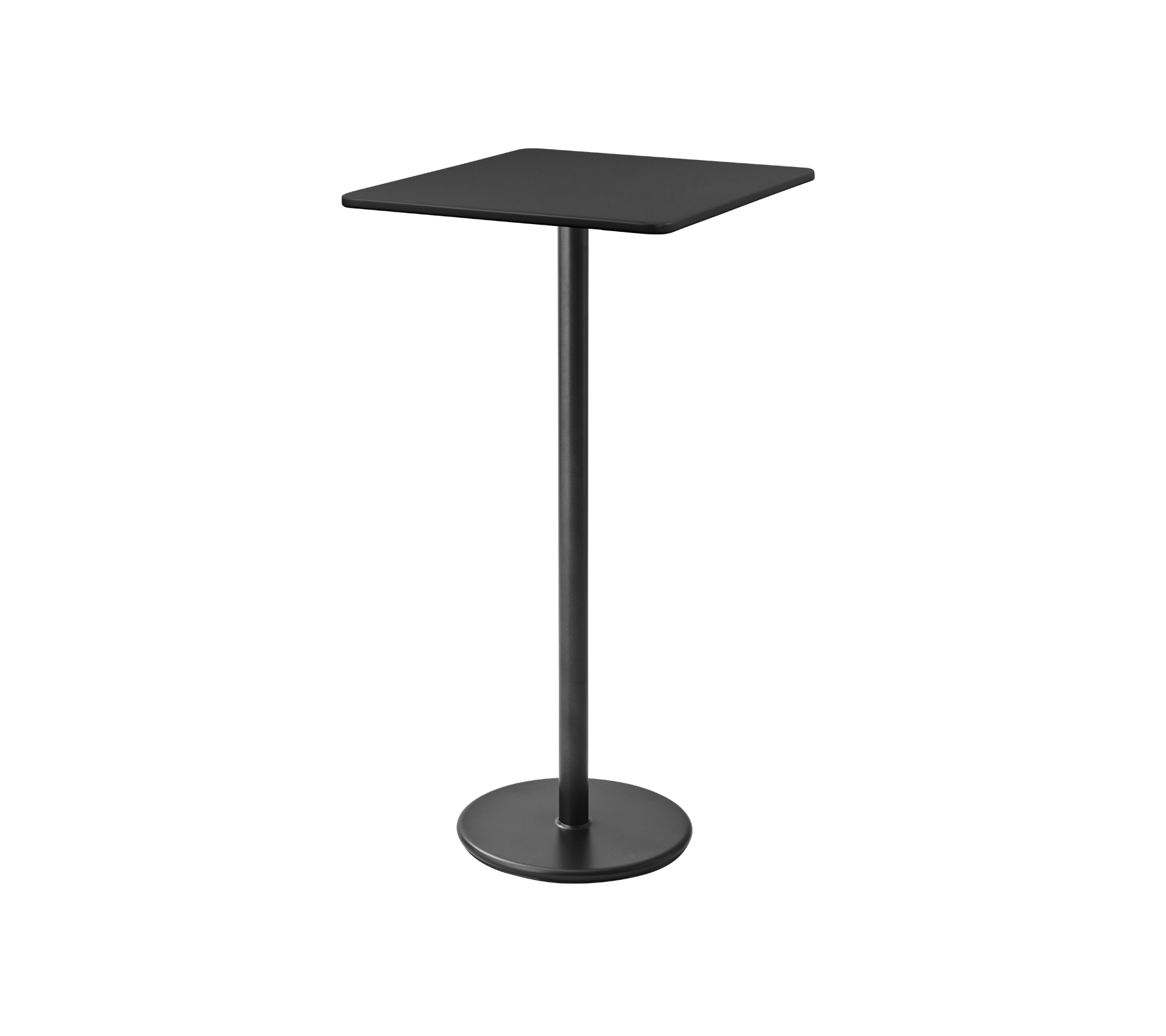 Sort, moderne pedestalbord med en firkantet top og robust, rund fod, ideelt til afslappet spisning eller samlinger.