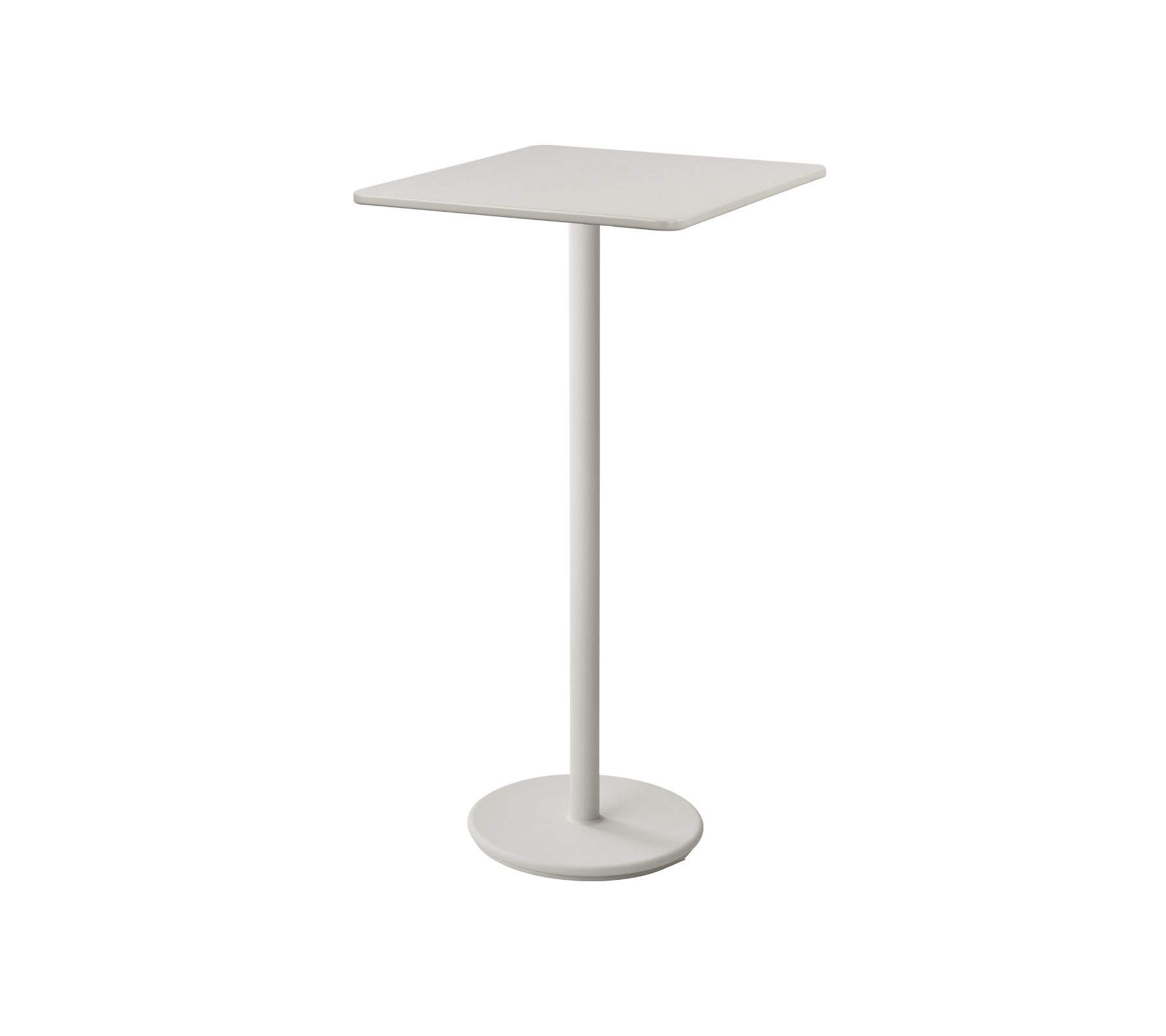 Minimalistisk hvid sidebord med en kvadratisk top og slank pedestalbase, ideel til små rum eller afslappede siddeområder.
