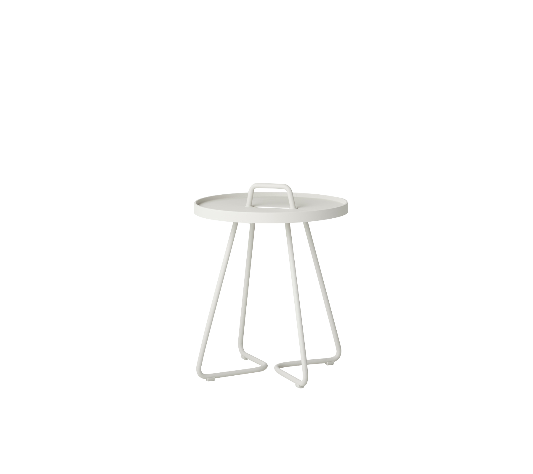 Moderne cirkulært sidebord med et minimalistisk design og robuste, vinklede ben i en ren hvid finish.