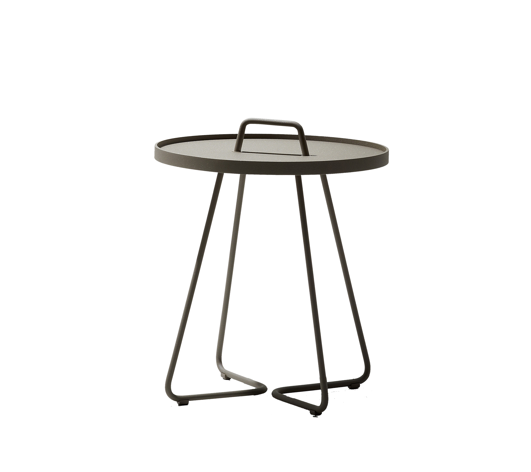 Rund bord med et slankt design, der har et bærehåndtag og en minimalistisk base. Perfekt til enhver moderne indretning.