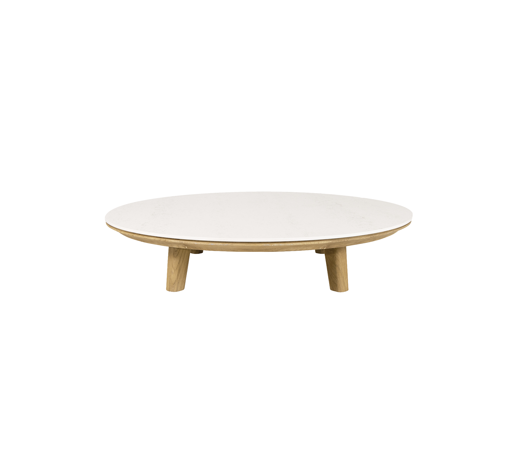 Rund kaffebord med en elegant hvid top og ben i naturtræ, designet til en moderne æstetik.