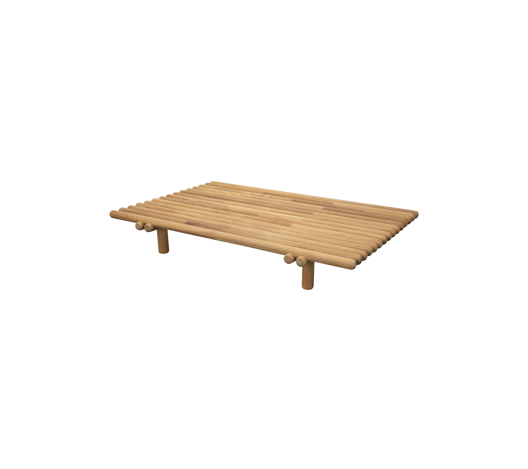 Træslatbord med fire ben, der har et minimalistisk design og naturfinish, egnet til forskellige dekorative stilarter.