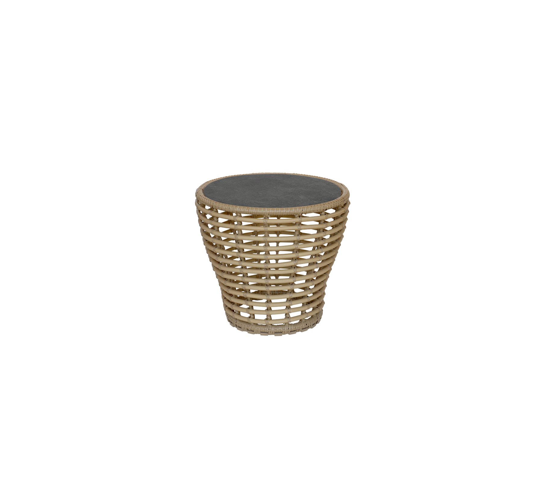 Et stilfuldt rundt siddebord med et vævet design og en mørk top, perfekt til at tilføje et moderne præg til ethvert rum.