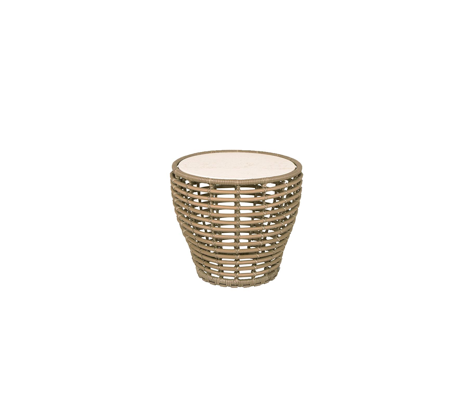 Et dekorativt rundt sidebord med et unikt vævet design og en glat top, velegnet til forskellige omgivelser.