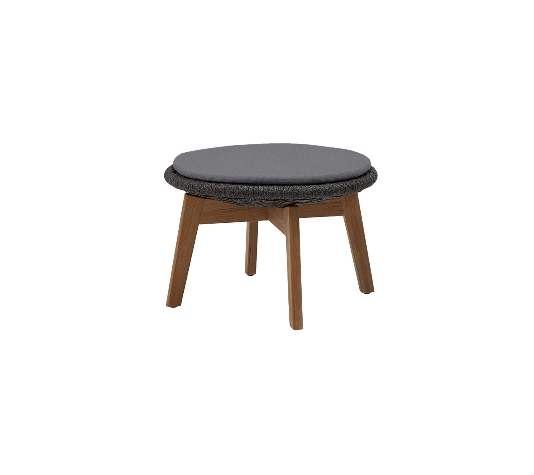 Rund ottoman med en mørkegrå polstret top og træben, designet til alsidigt sæde eller som fodskammel.