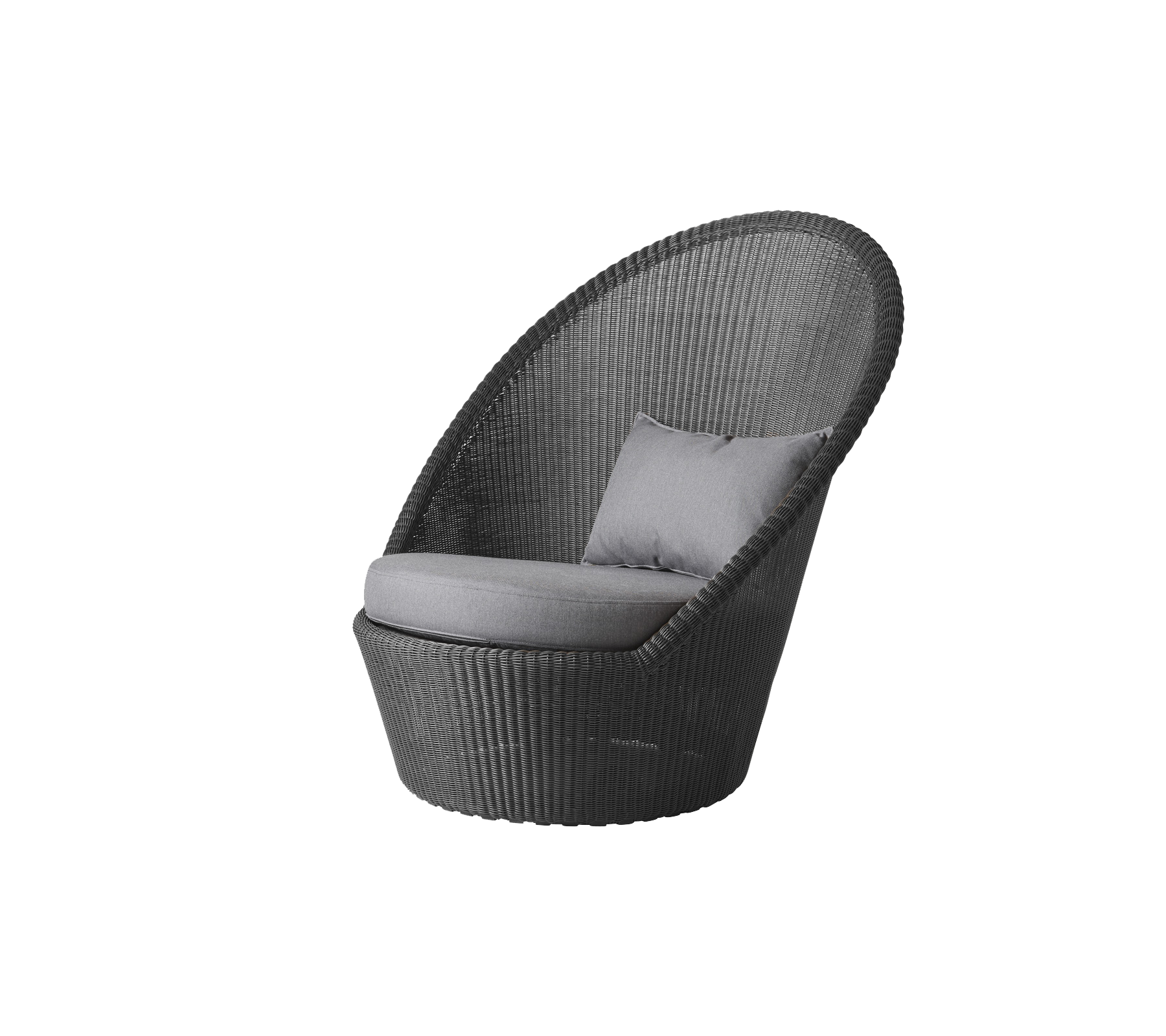 Stilfuld stol med et buet design, der har en komfortabel pude og en vævet tekstur i en slank grå farve. Ideel til afslapning.
