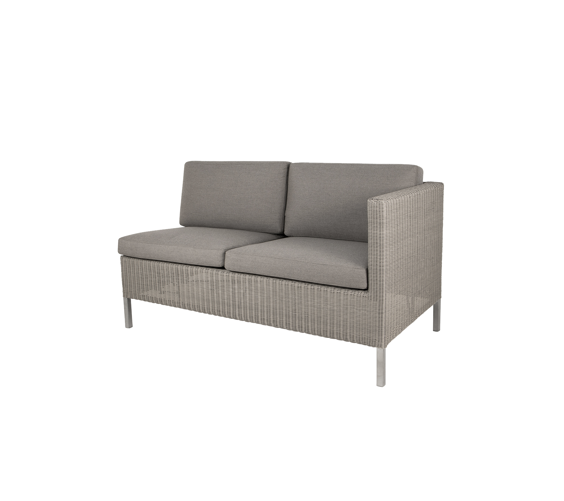 Grå sofa til to personer med vævet design og slanke ben, med komfortable puder til afslapning og stil.