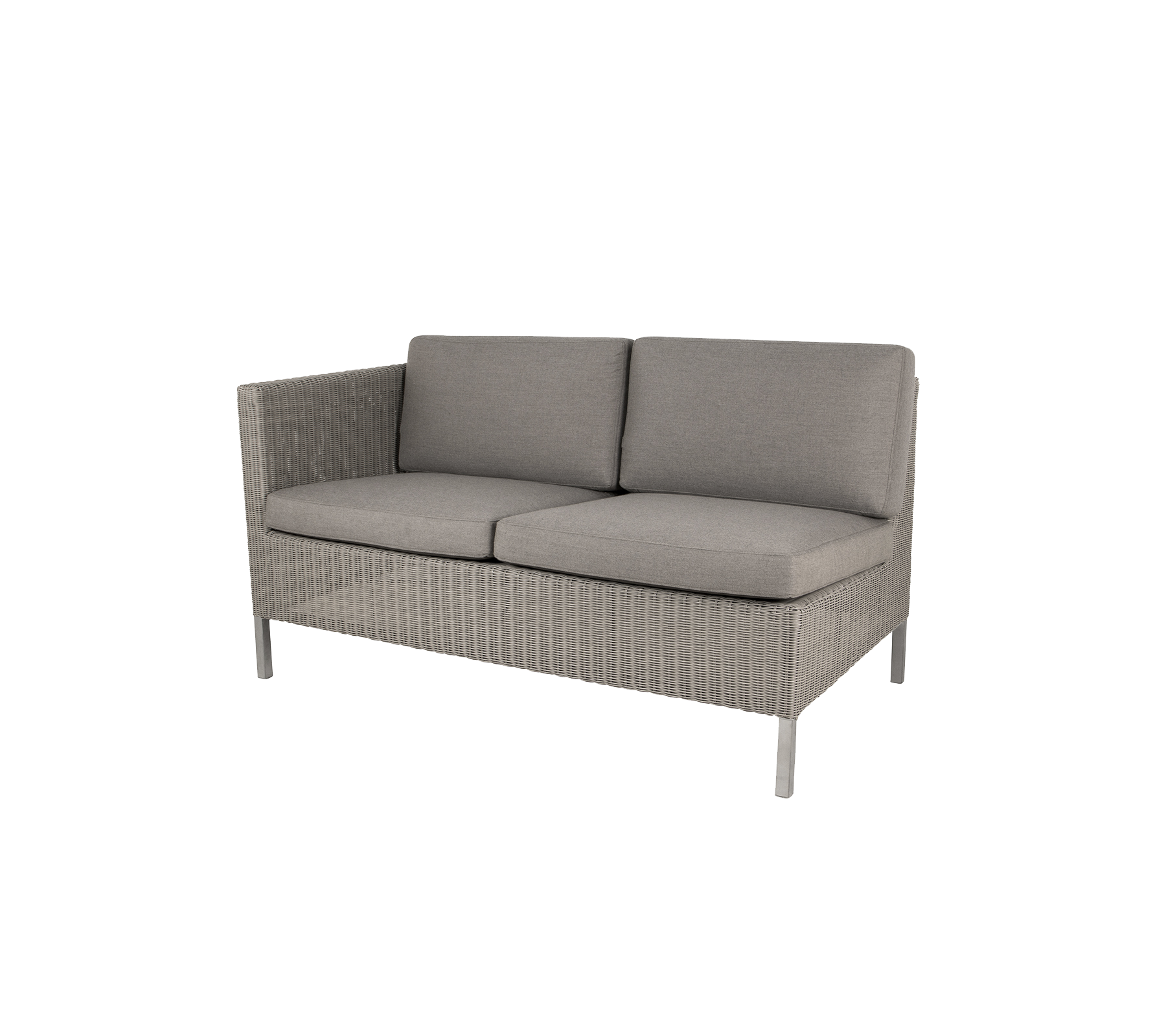 Behagelig to-personers sofa med lysegrå puder og et vævet design, perfekt til stilfuld afslapning.