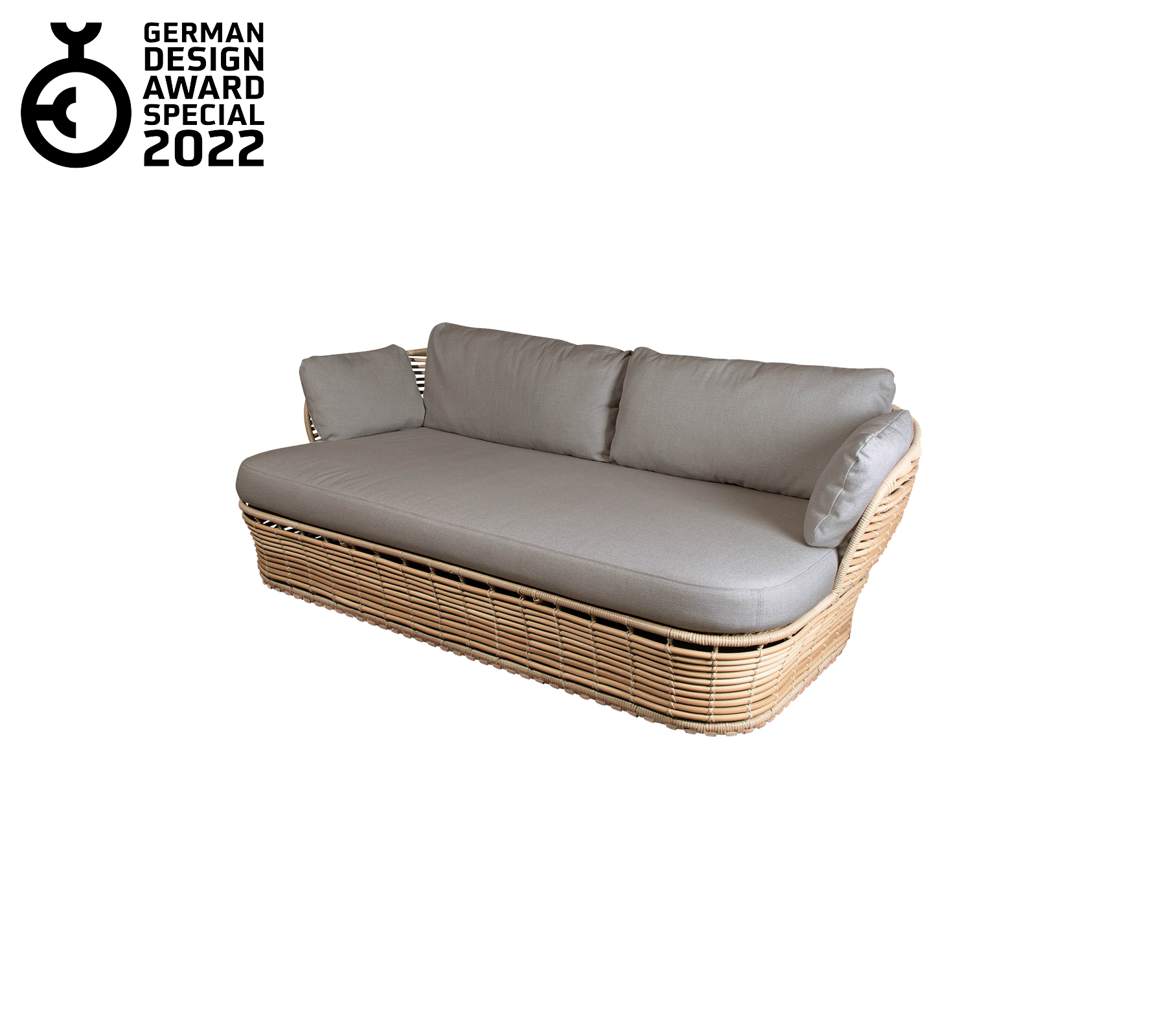 Moderne sofa med vævet base og bløde grå puder, der har et slankt design og en elegant æstetik. Tildelt i 2022.
