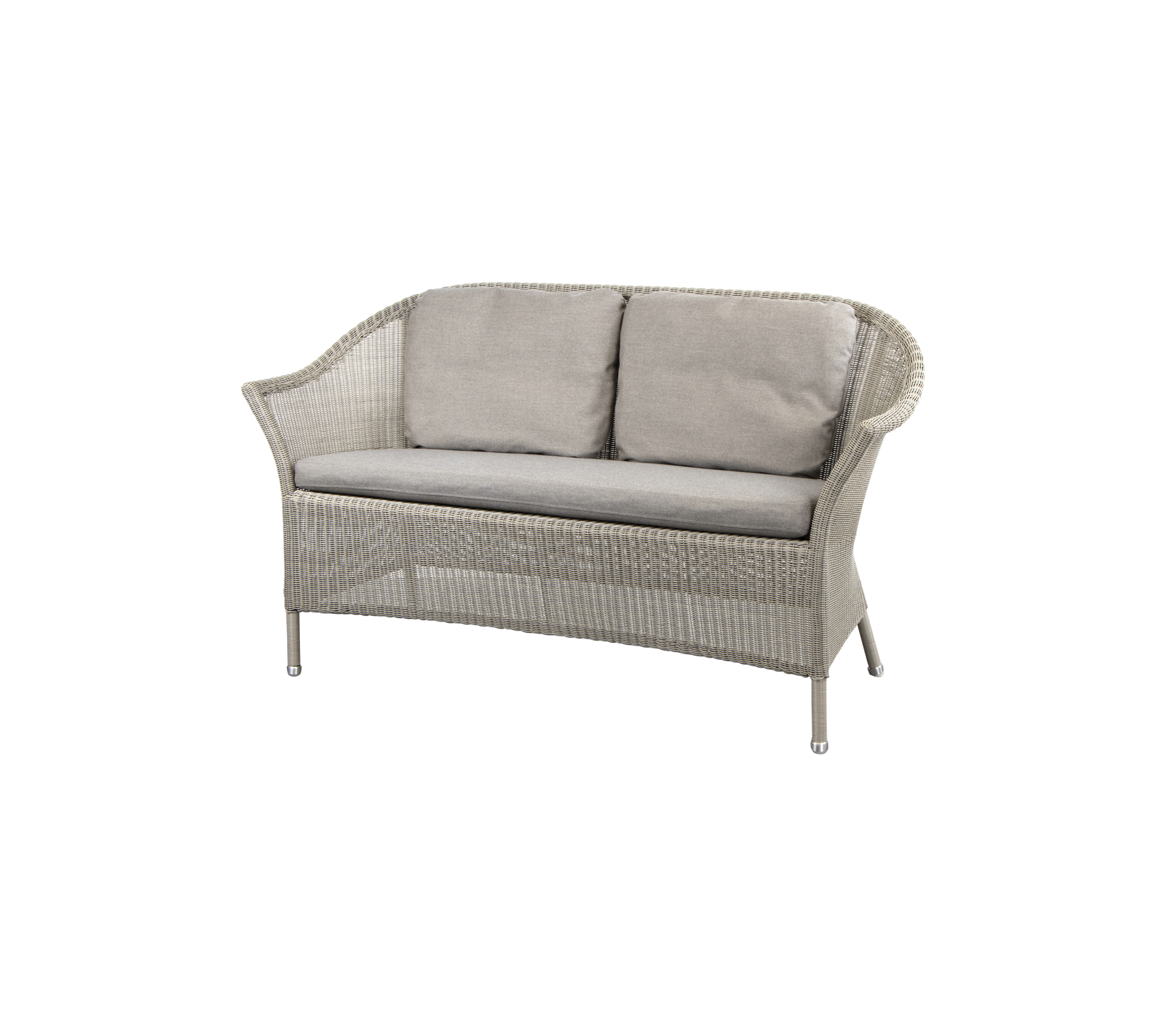 En stilfuld to-personers sofa med en vævet ramme og bløde grå puder, perfekt til hyggelige siddepladser.