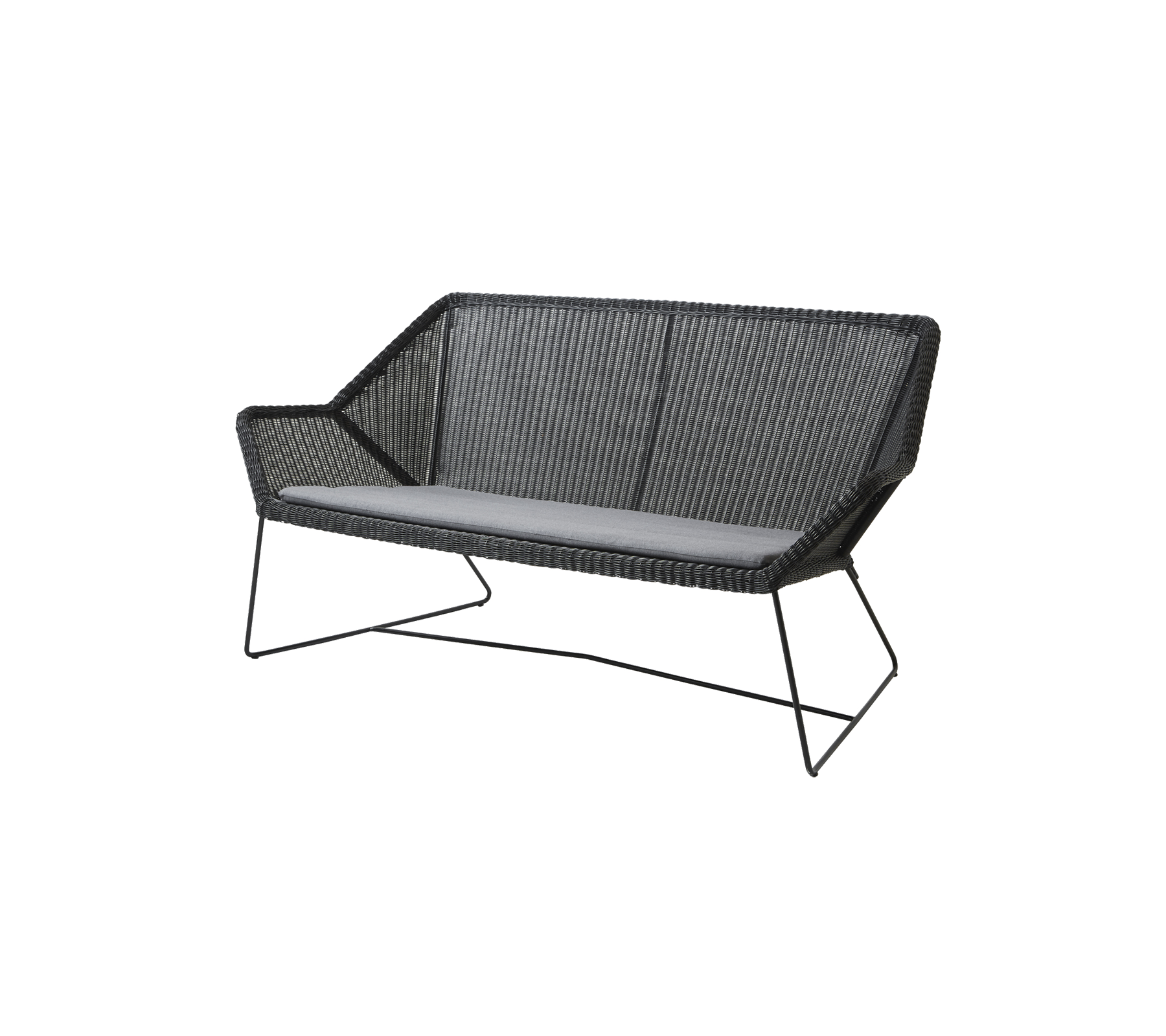 Elegant to-personers sofa med et vævet design og en komfortabel grå pude, der har slanke metalben til støtte.
