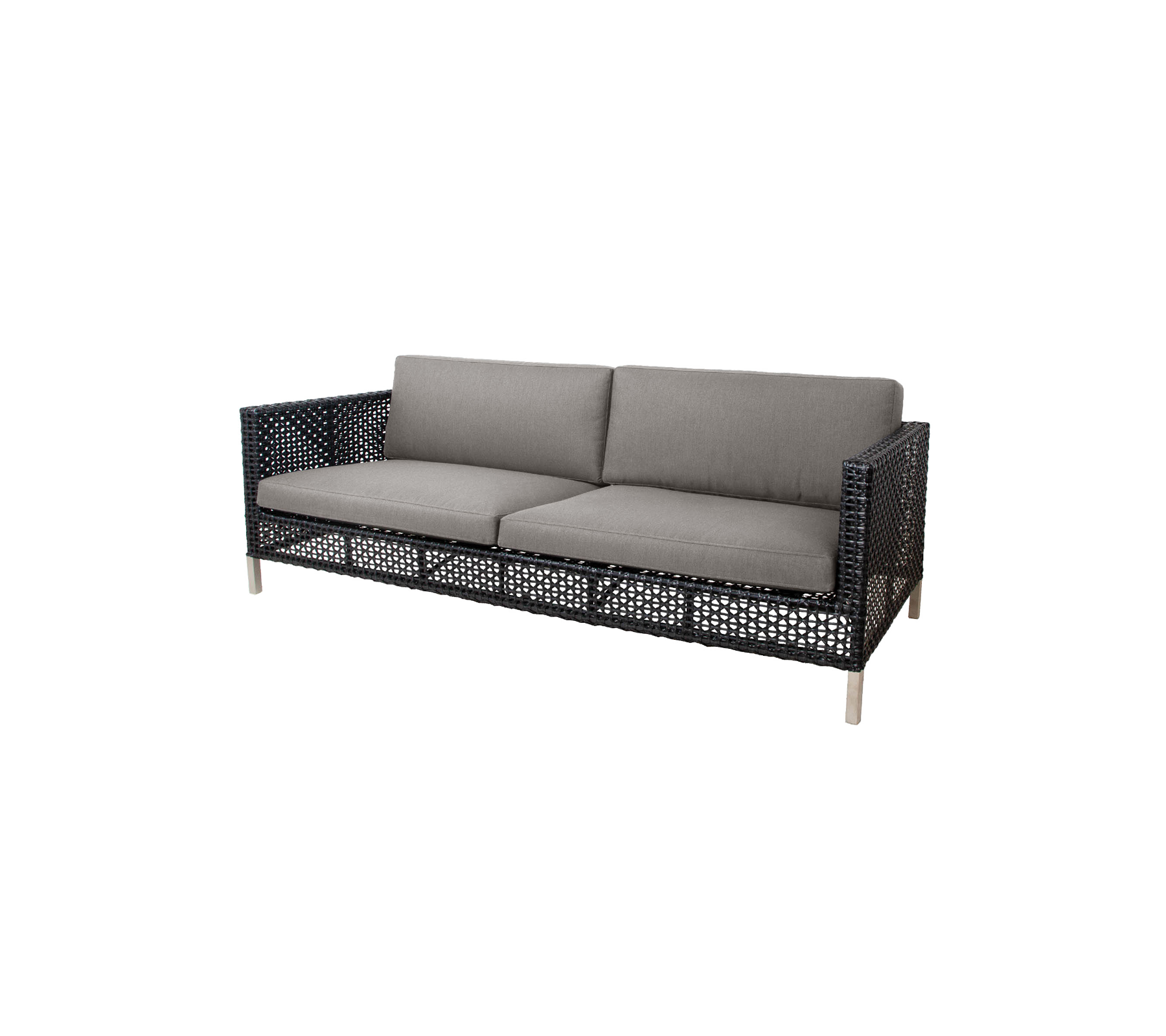 Stilfuld sofa med et vævet design og grå puder, designet for komfort og moderne æstetik. Perfekt til ethvert siddeområde.