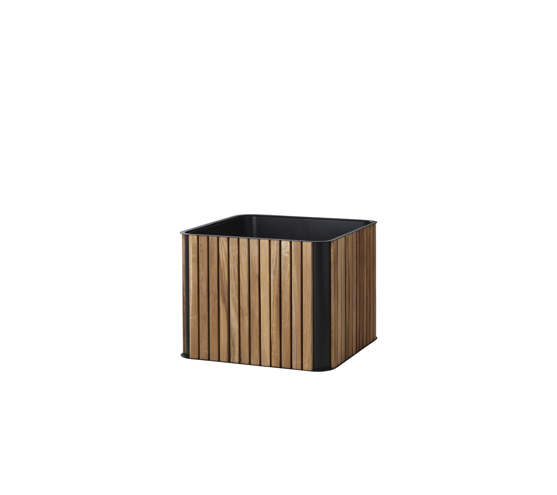 Kvadret plantekasse med en trælamel design og en sort base, ideel til at vise planter og forbedre ethvert rum.