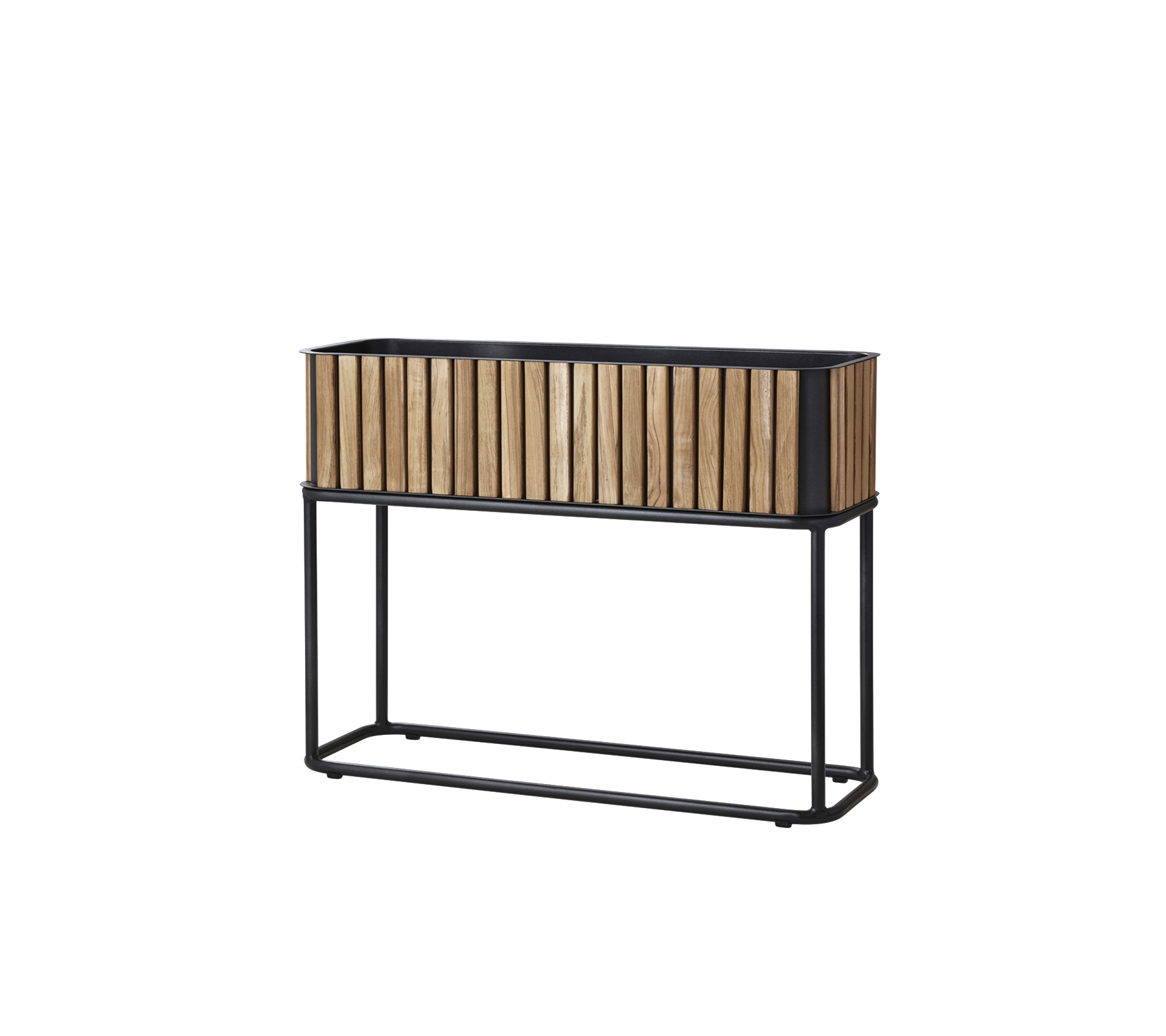 Træ plantekasse med en skræddersyet design, understøttet af en slank metalramme, velegnet til at vise planter eller blomster.