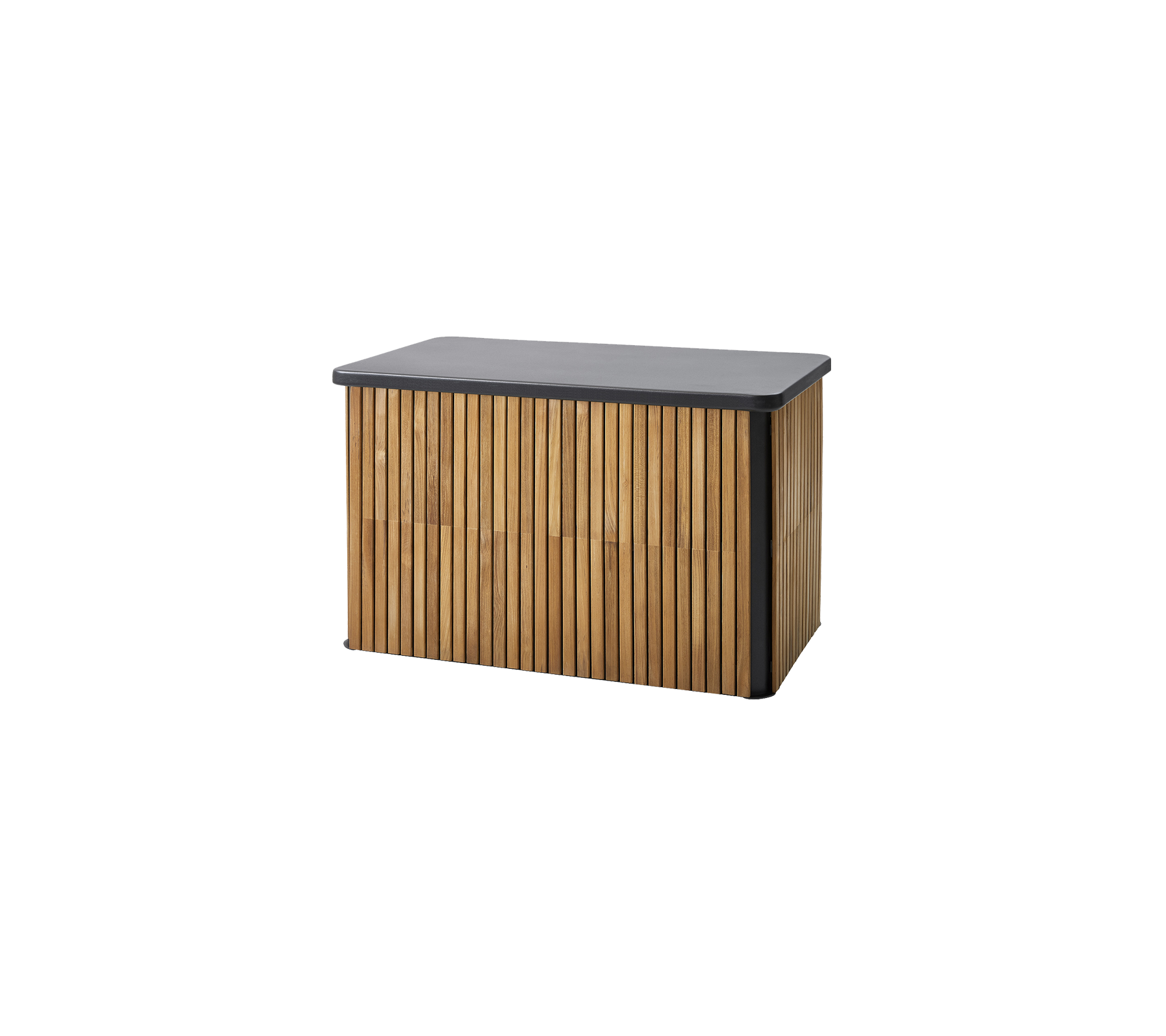 Trækasse i træ med en slatted design og en glat mørk top, ideel til organisation og stil.