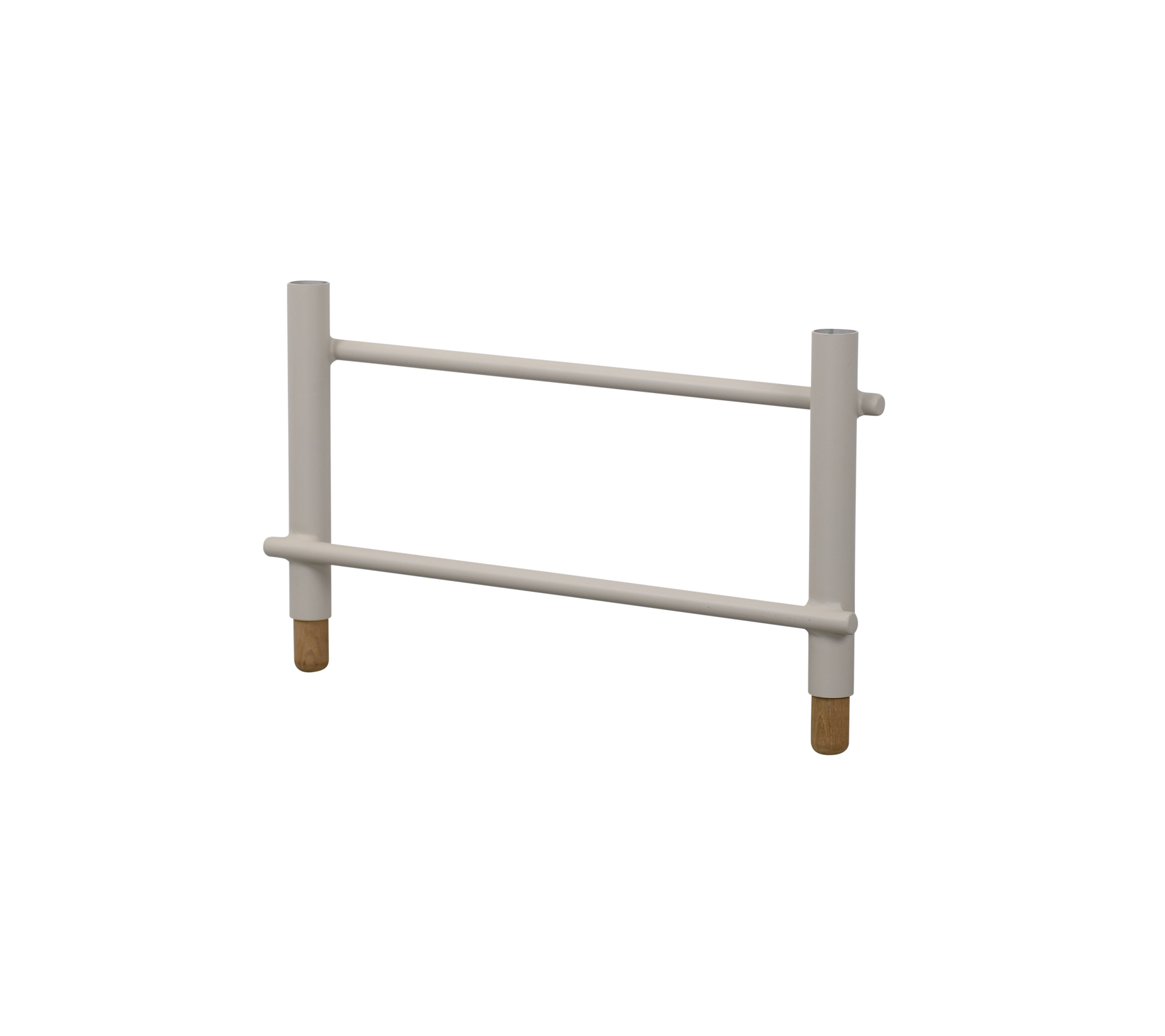 Hvid støtte ramme med to vandrette stænger og fire cylindriske ben, designet til stabilitet og tilgængelighed.