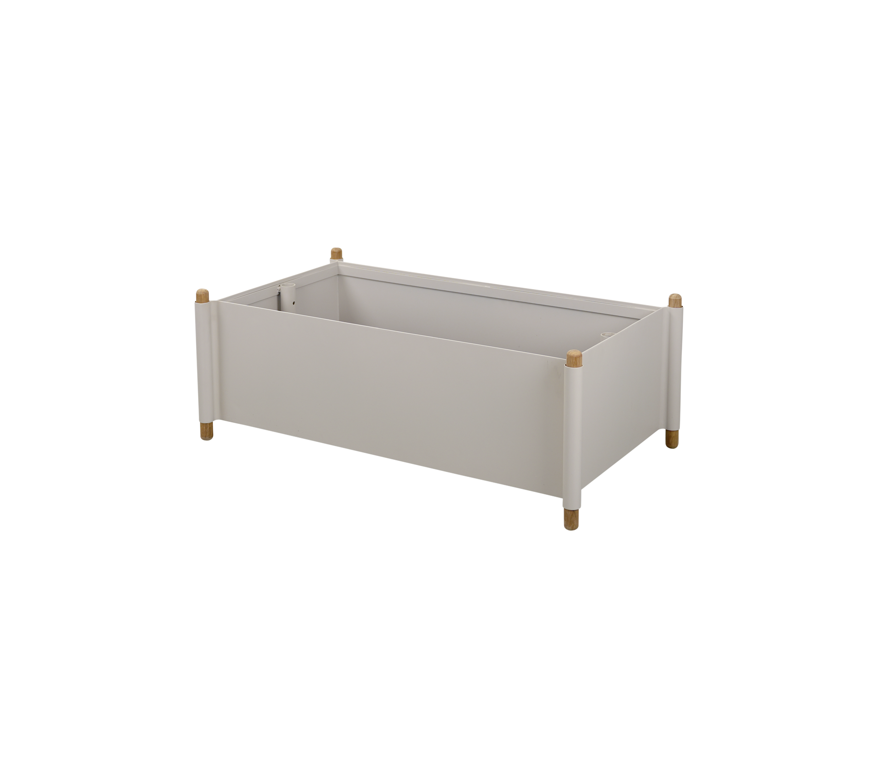 Lys grå opbevaringsboks med træben og et minimalistisk design, velegnet til organisering af forskellige genstande.