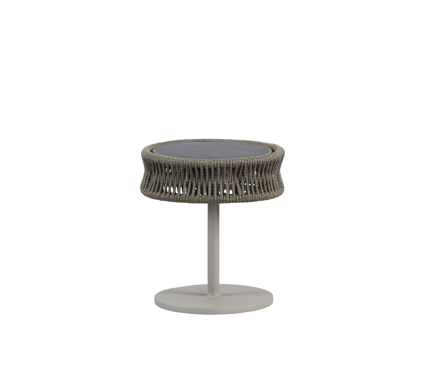 Rundt bord med en tekstureret, vævet design i neutrale toner, med en slank pedestalbase. Ideelt til stilfulde moderne rum.