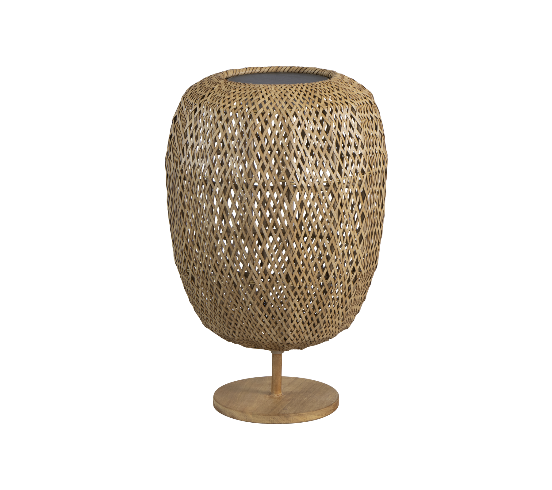 Vævet lampe i naturfiber med en rund form og en robust base, der tilføjer et stilfuldt præg til enhver indretning.
