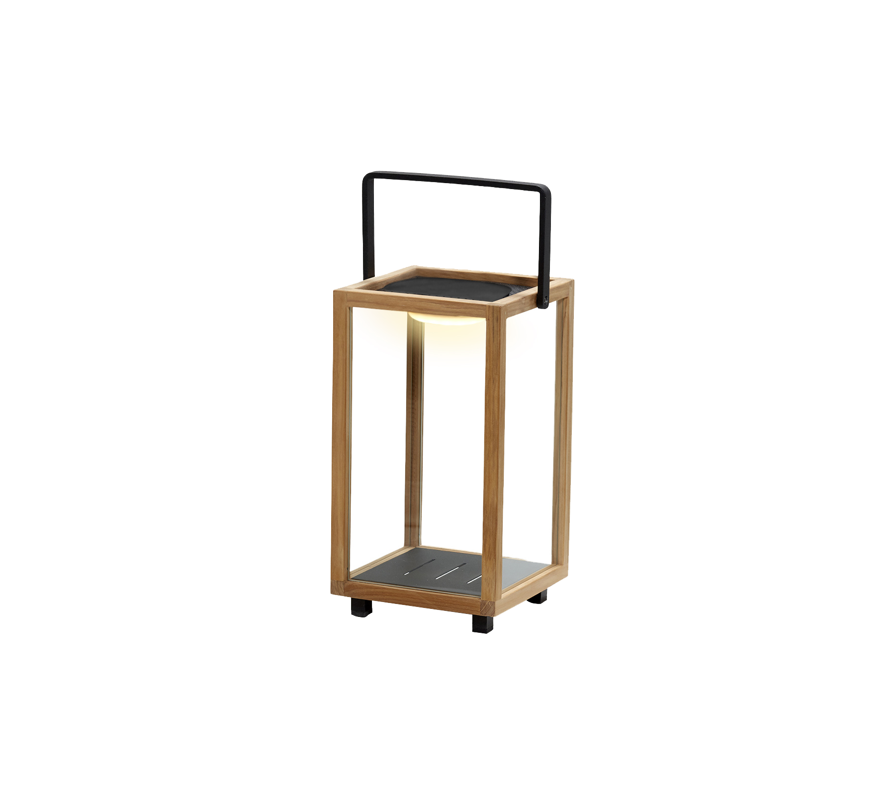 En stilfuld lanterne i træ og metal, der har en integreret LED-lys i designet, perfekt til at tilføre atmosfære.