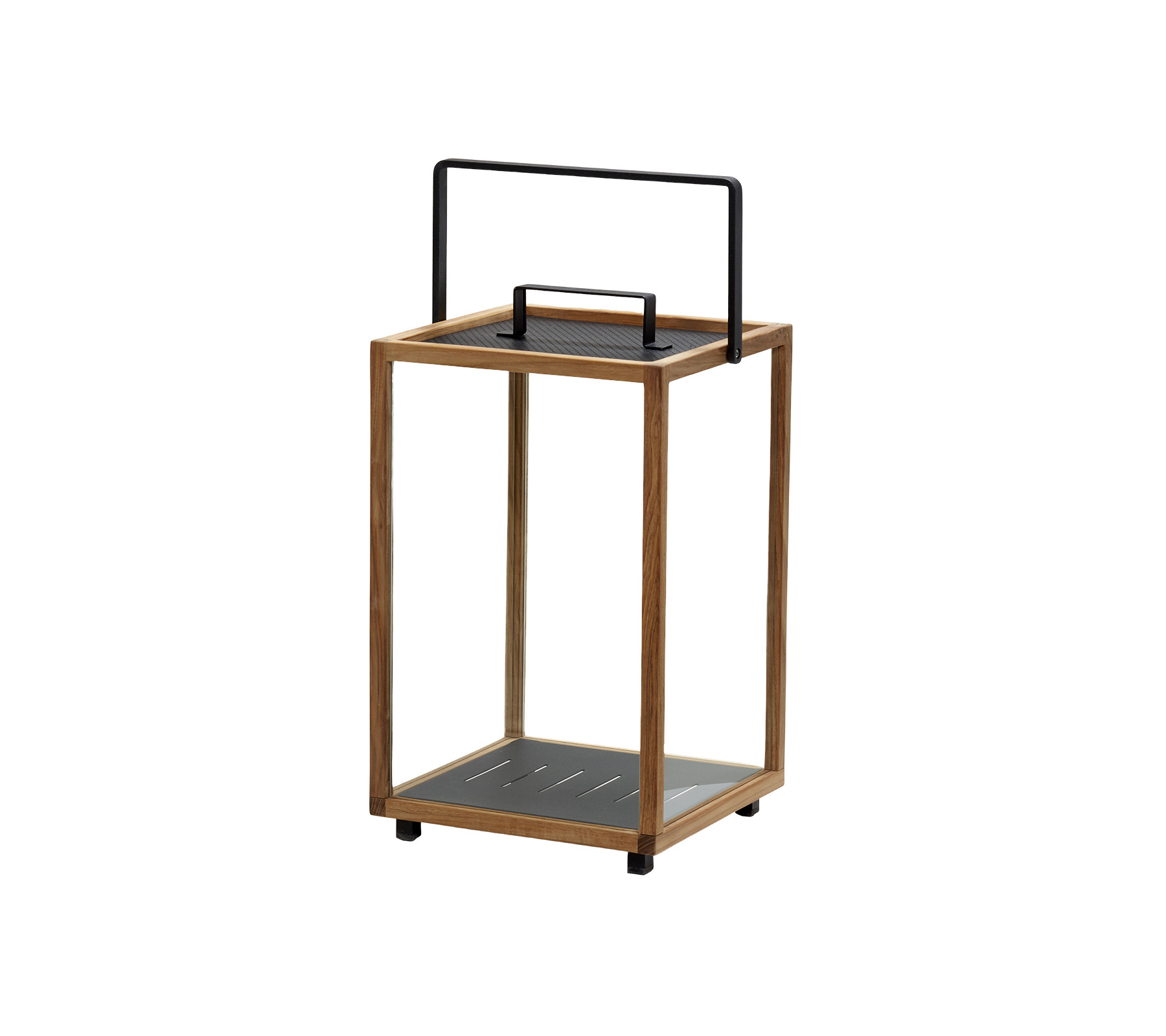 Trævogn med et elegant design, der har et sort håndtag og slatted hylder til alsidig opbevaring.
