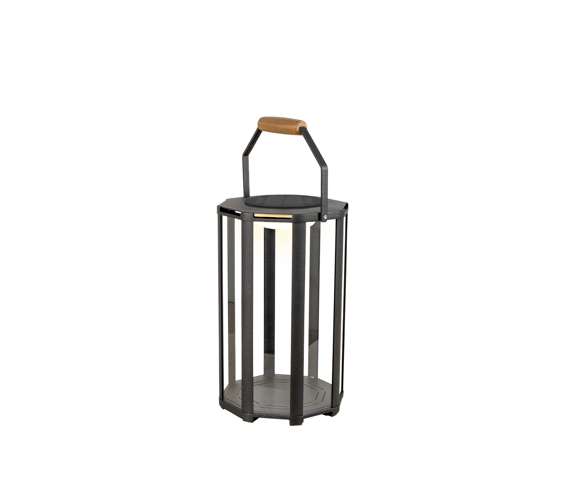 Stilren lanterne med metalramme og træhåndtag, der har LED-belysning for et moderne præg.