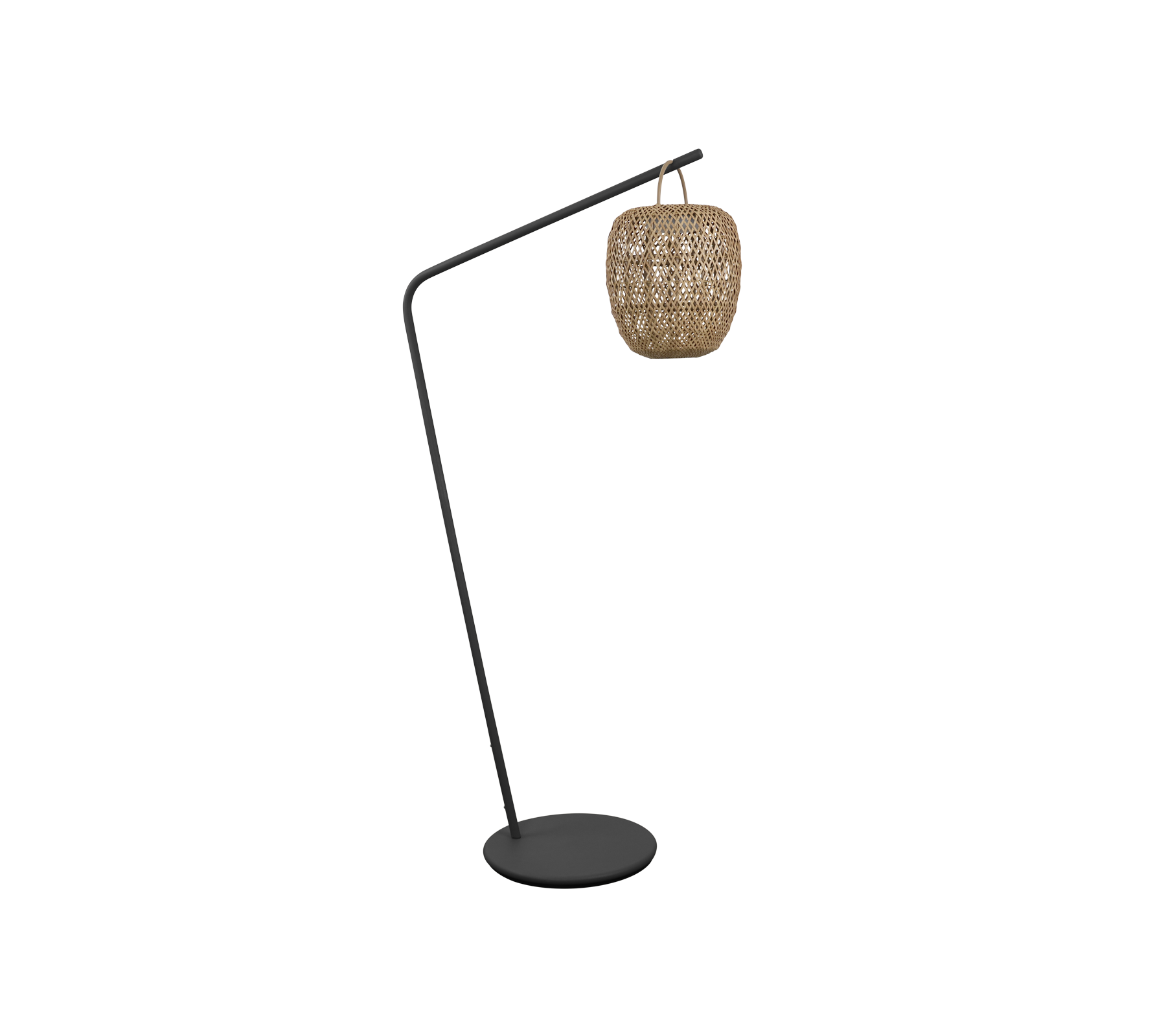 En stilfuld gulvlampe med et buet design og en vævet skærm, perfekt til at tilføje et moderne præg til dit rum.