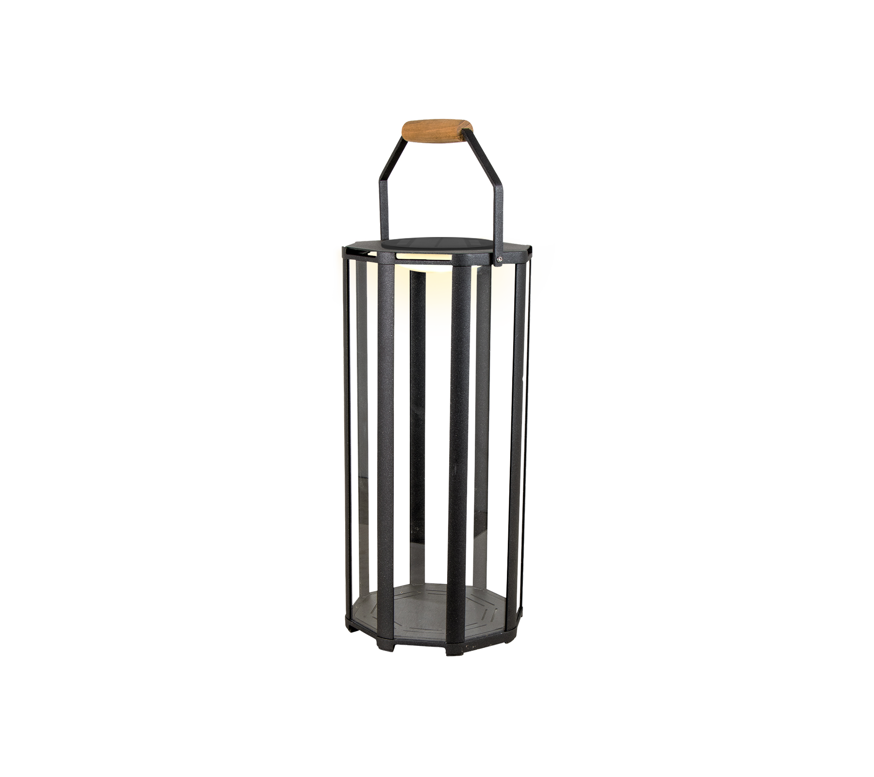 En cylindrisk lanterne med en metalramme med lodrette stænger og et træhåndtag, designet til LED-belysning.