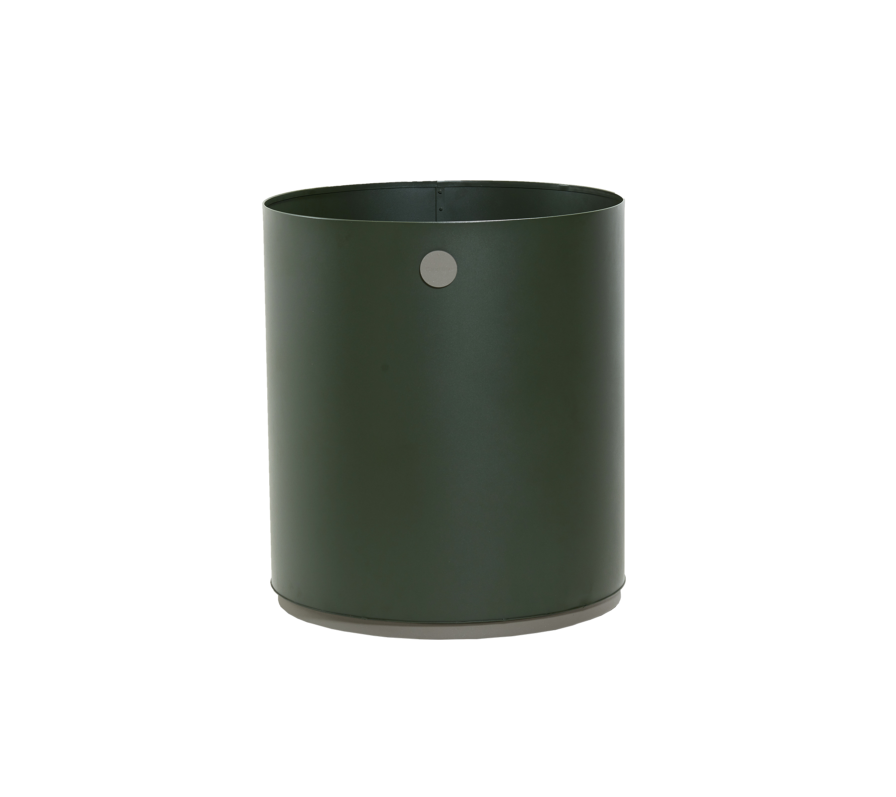 Grøn cylindrisk plantekrukke med en glat overflade og en subtil dekorativ detalje på siden. Ideel til at fremvise planter.