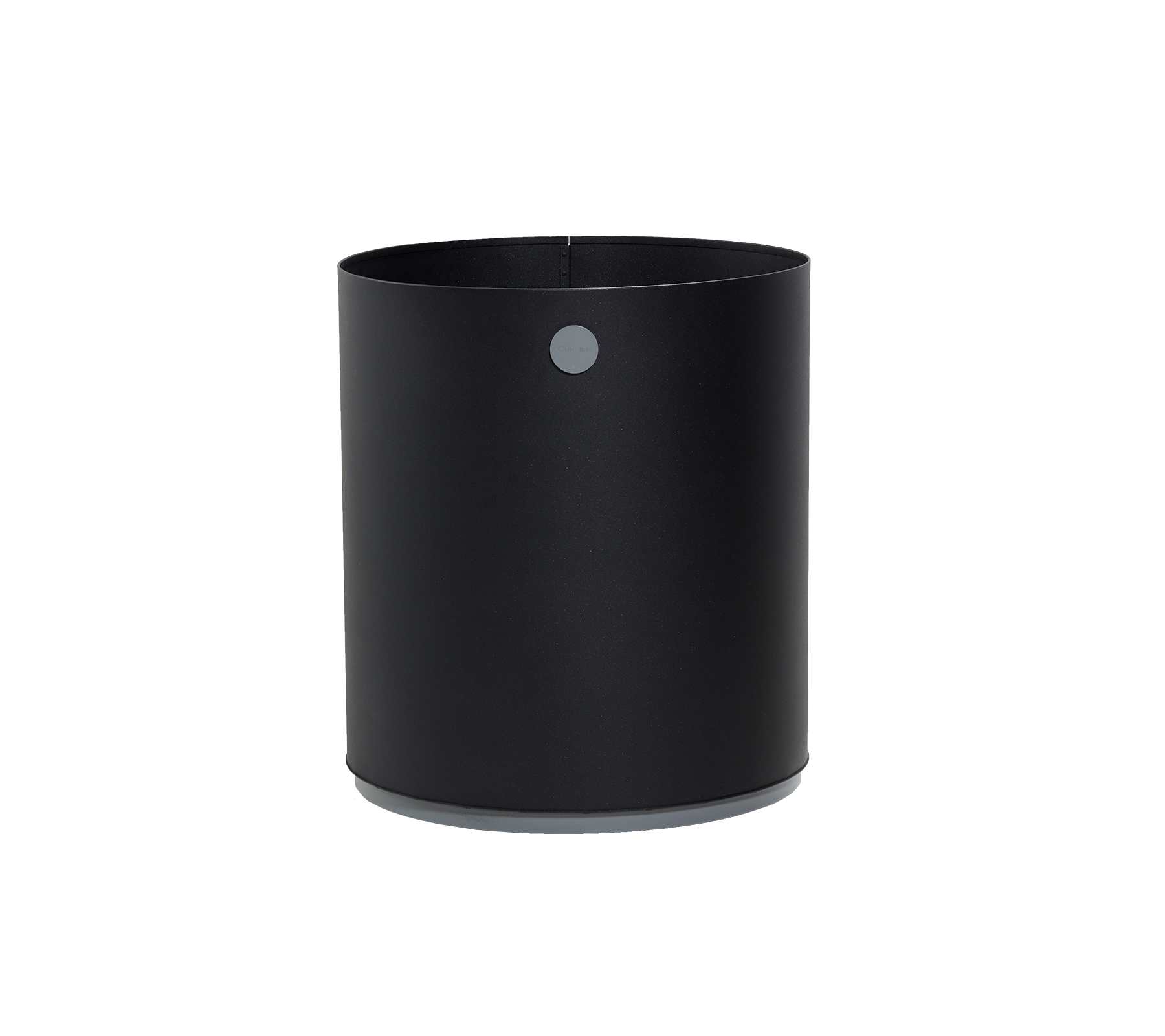 Sort cylindrisk beholder med en glat mat finish og en lille cirkulær detalje på siden, ideel til forskellige opbevaringsbehov.