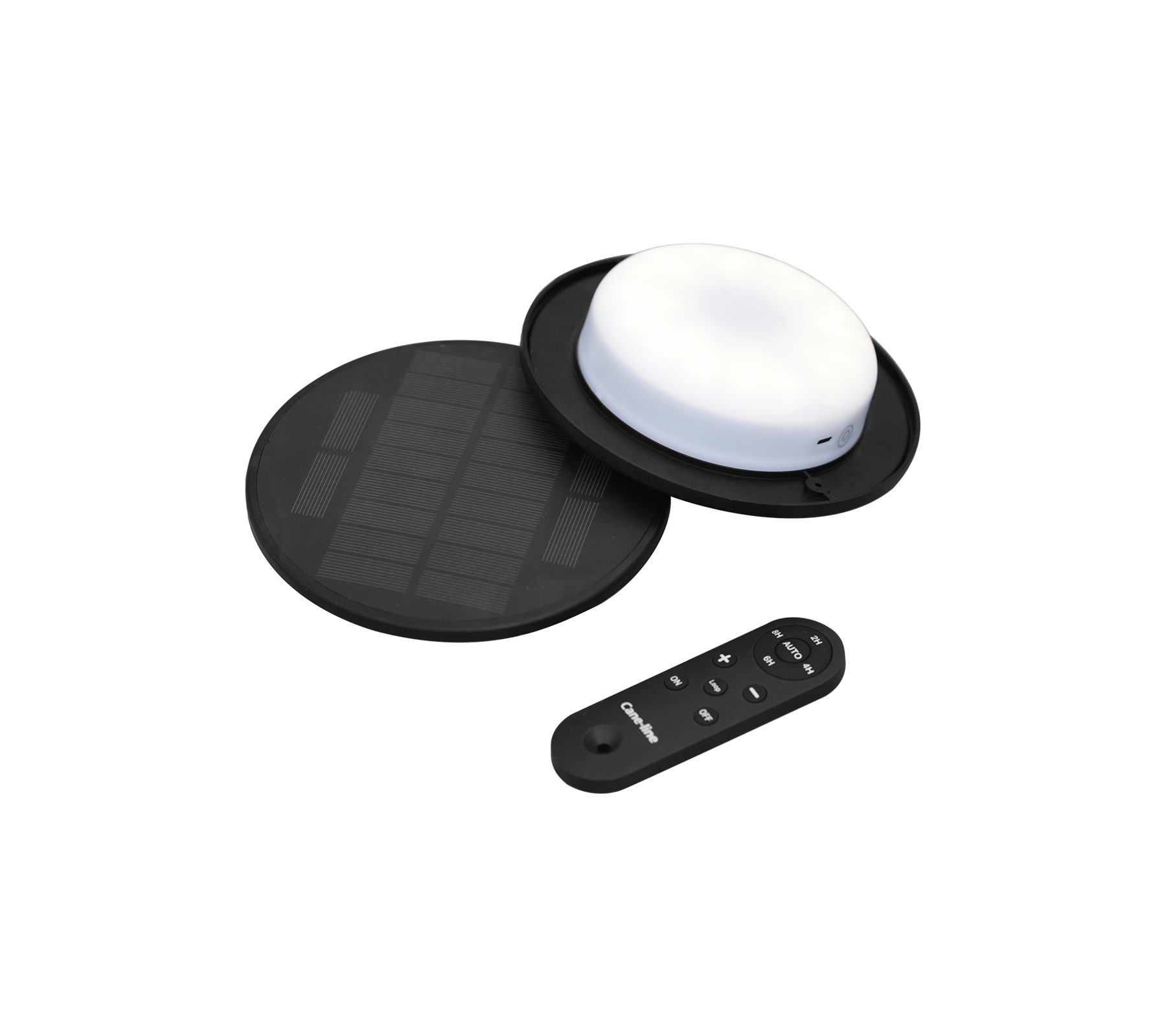 Solcelledrevet LED-lys med en rund hvid lampe, et sort solpanel og en fjernbetjening til betjening.