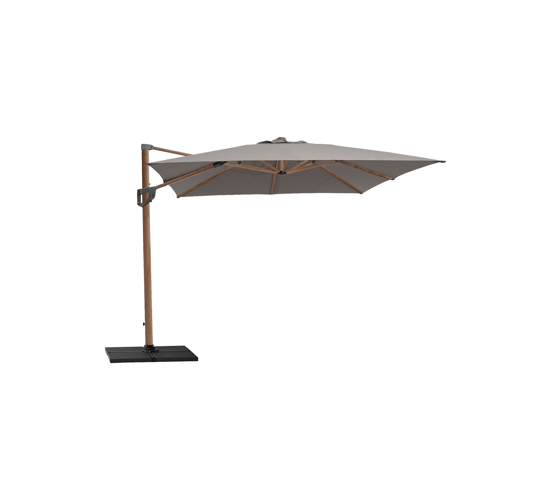 Elegant parasol med en beige top og træramme, understøttet af en robust sort base, perfekt til at skabe skygge og forbedre udendørs rum.