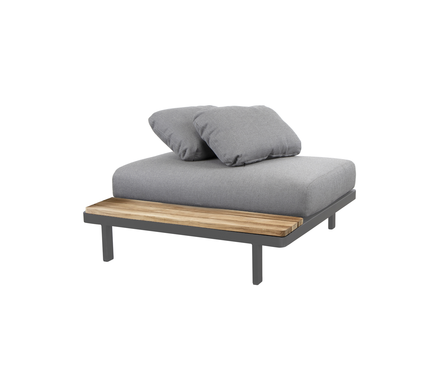 Elegant loungemøbler med en polstret grå overflade og et træaccent, perfekt til afslapning og komfort.