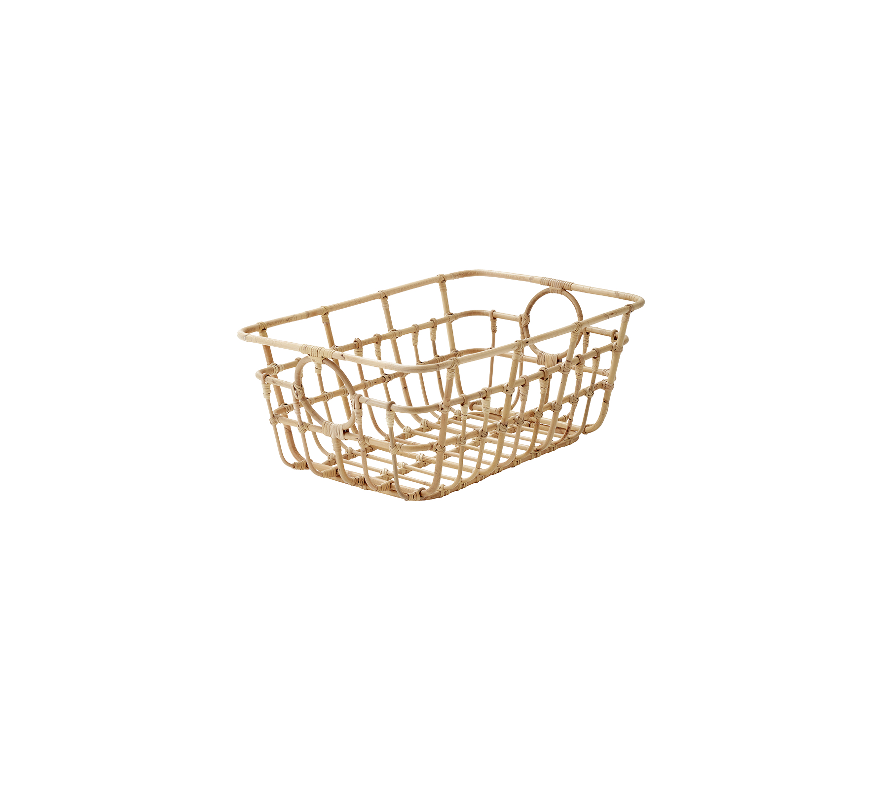En lys træopbevaringskurv med et åbent design, ideel til at organisere små genstande eller som en dekorativ beholder.