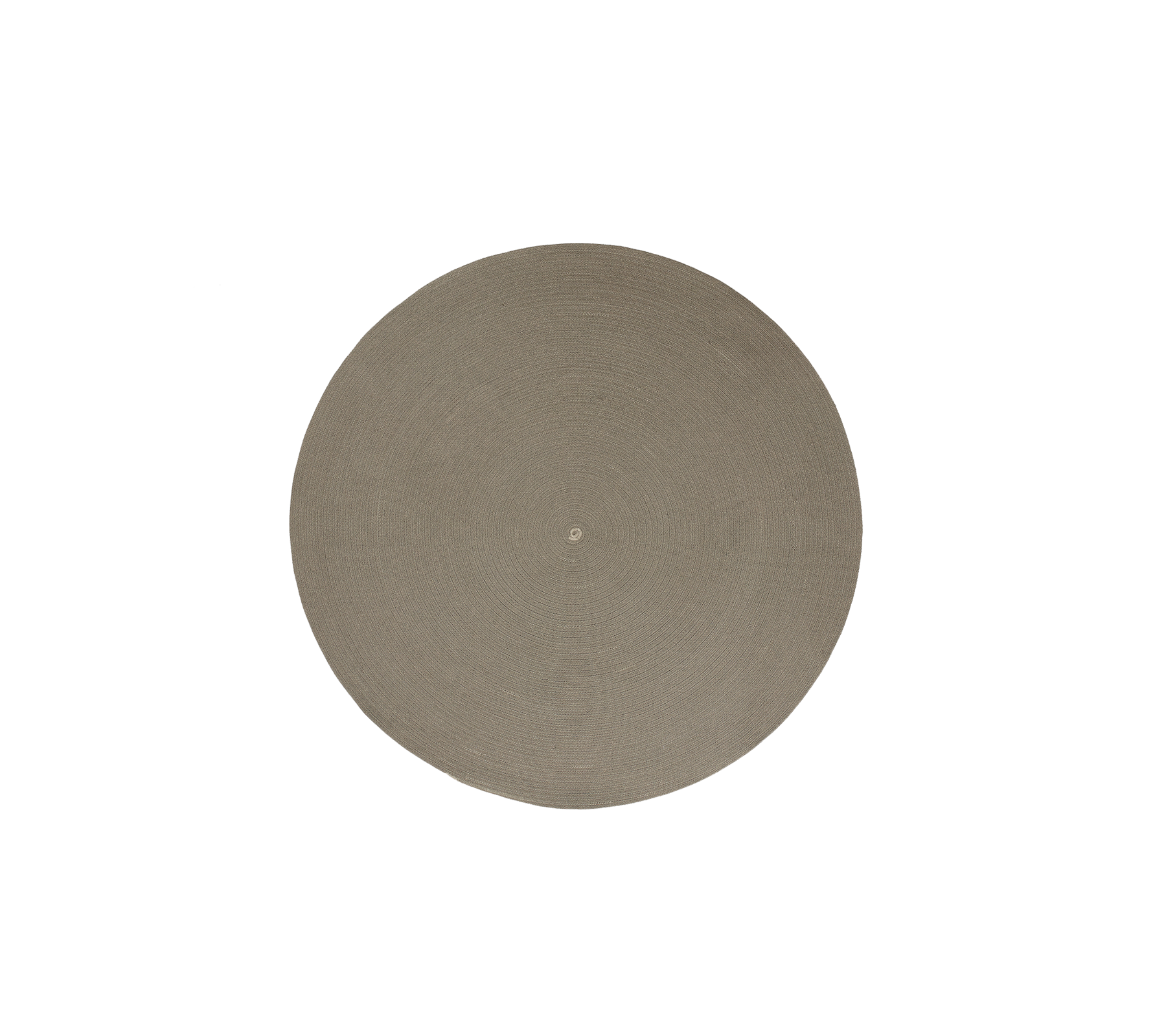 Taupe Circle udendørs tæppe med et enkelt og elegant fladt vævdesign, der har et virvlmønster, lavet af Cane-line Soft Rope.