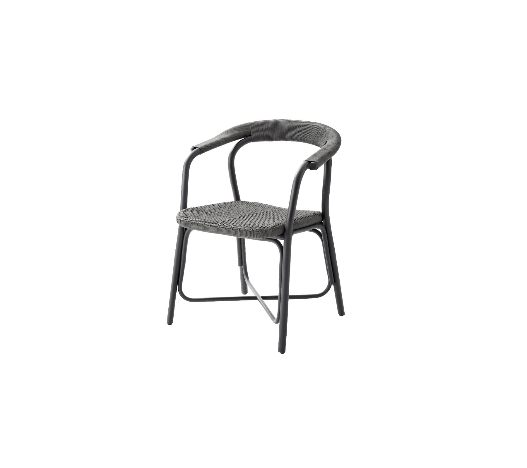 Stilfuld stol med en buet ryg og armlæn, der har et vævet sæde og en robust ramme, perfekt til moderne siddebehov.